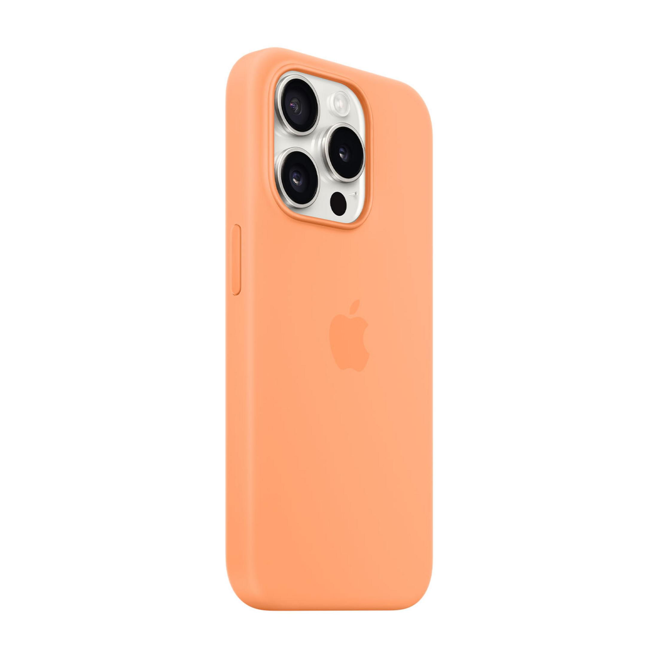 Orange phone case with three camera lenses and an Apple logo.