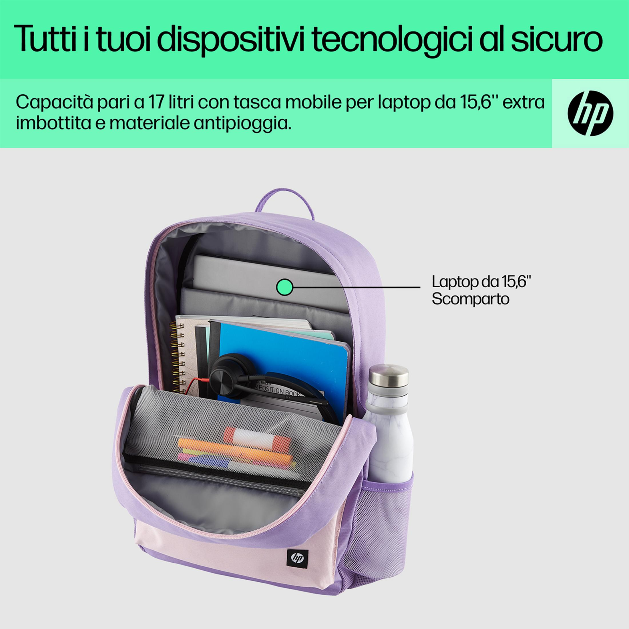 Mochila HP morada con compartimento para portátil, botella y material.
