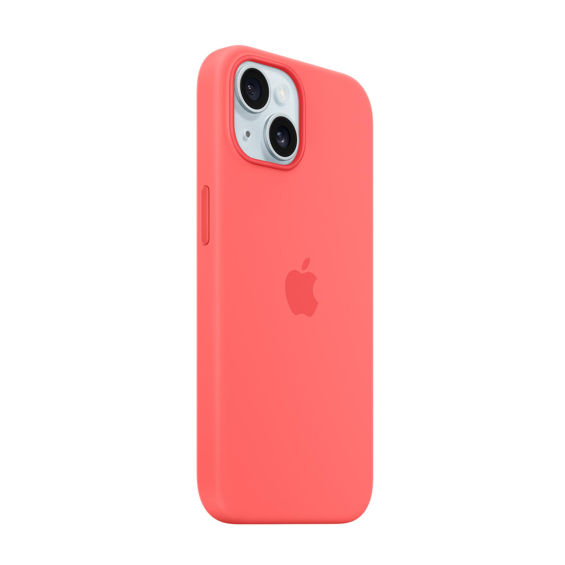 Koralowe etui na iPhone z logo Apple i widocznym wycięciem na aparat.