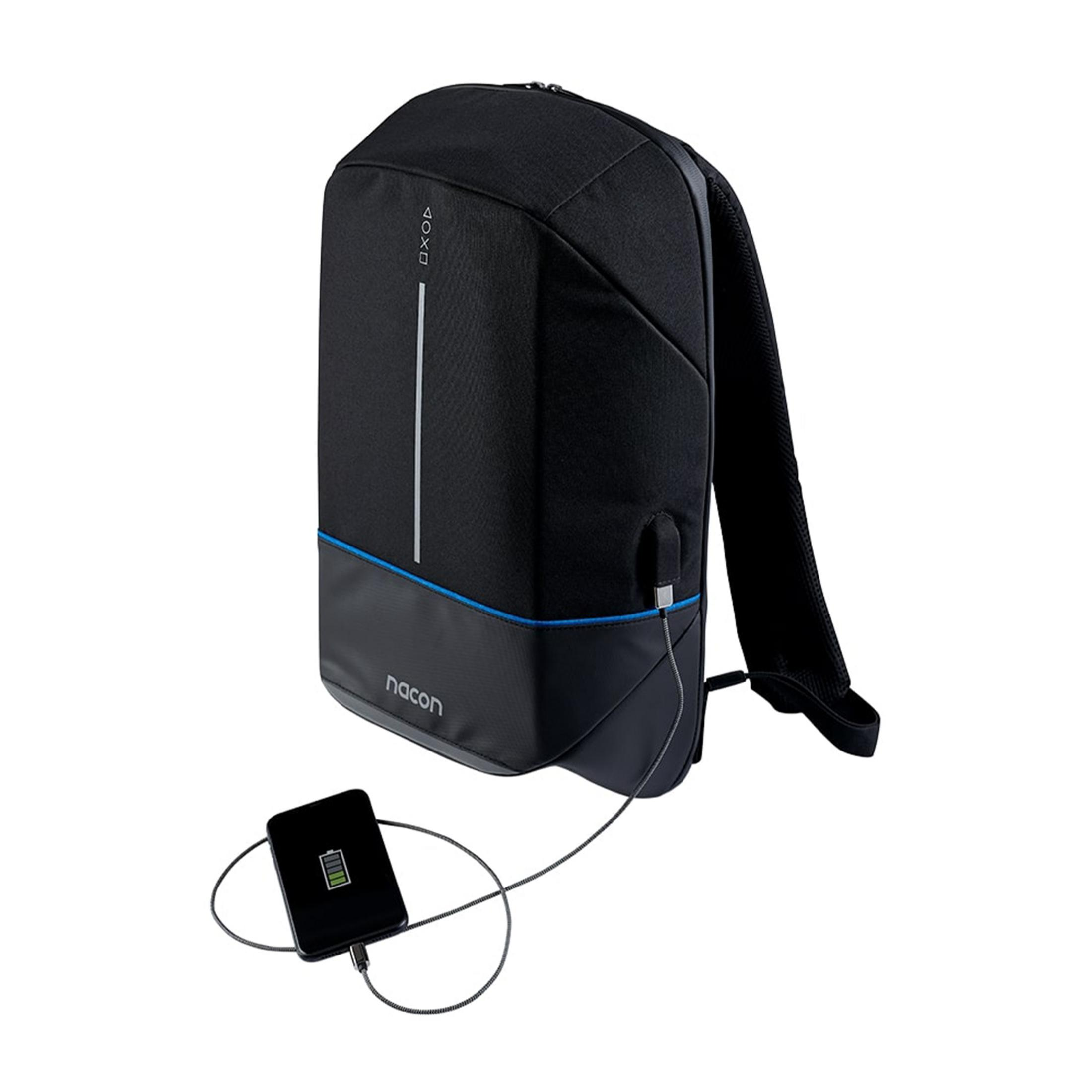 Czarny plecak z niebieskim akcentem ładuje telefon komórkowy.