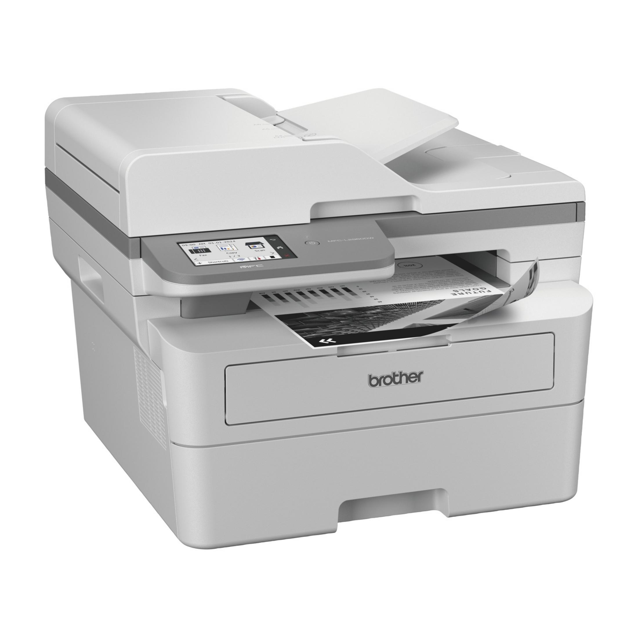 Biała drukarka Brother MFC z papierem wystającym ze szczeliny.