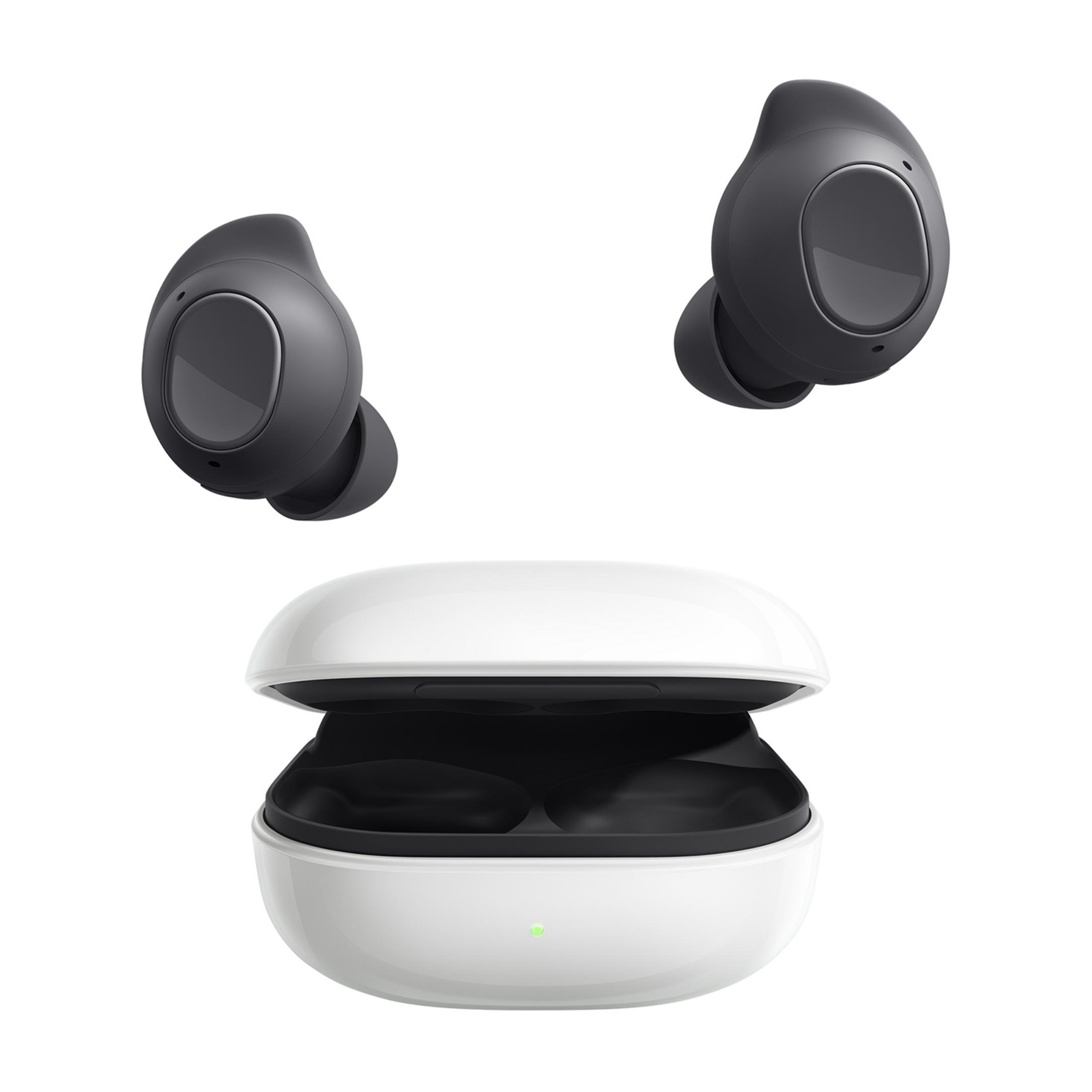 Due auricolari wireless neri e una custodia di ricarica bianca aperta con luce verde.