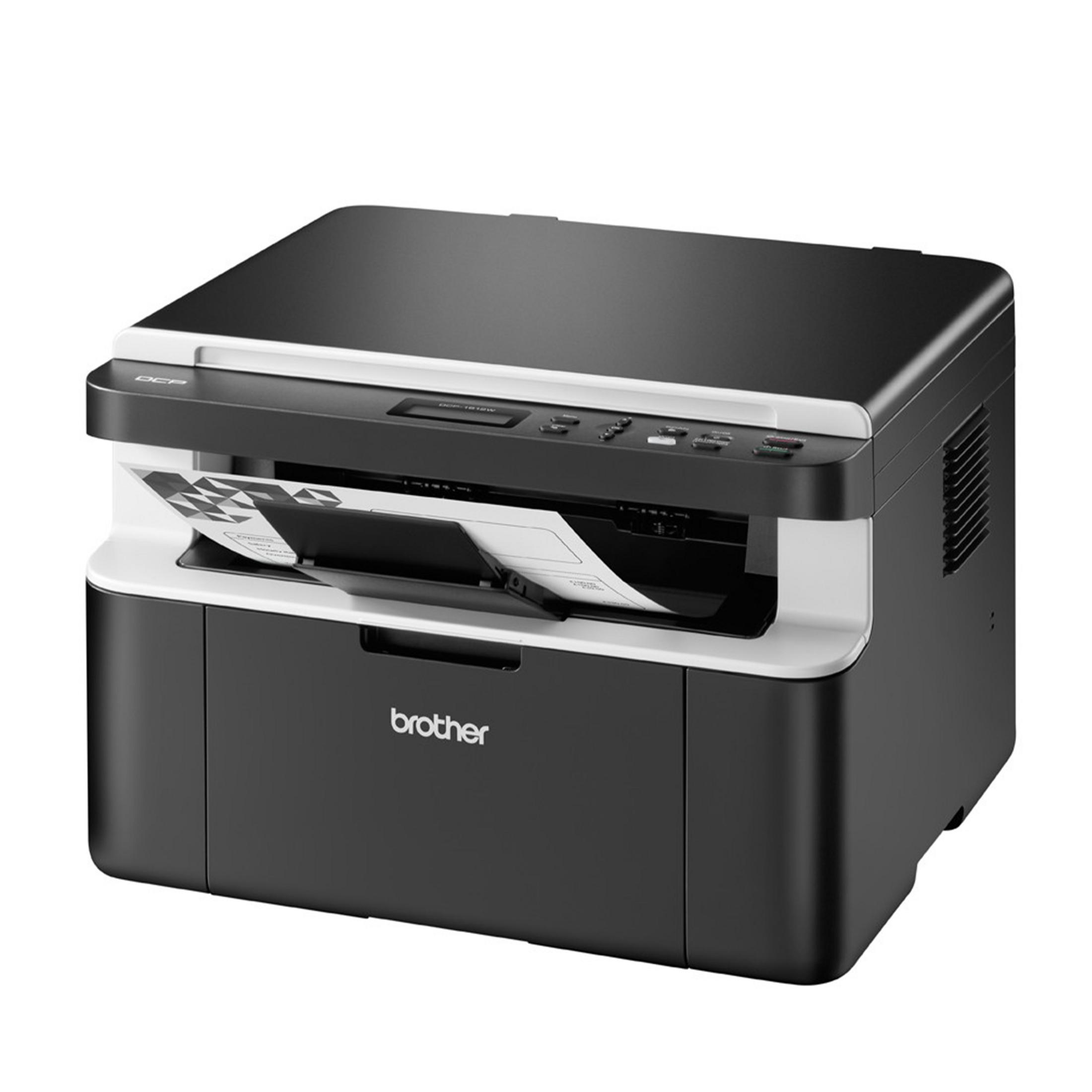 Una stampante laser Brother nera con carta nel vassoio.