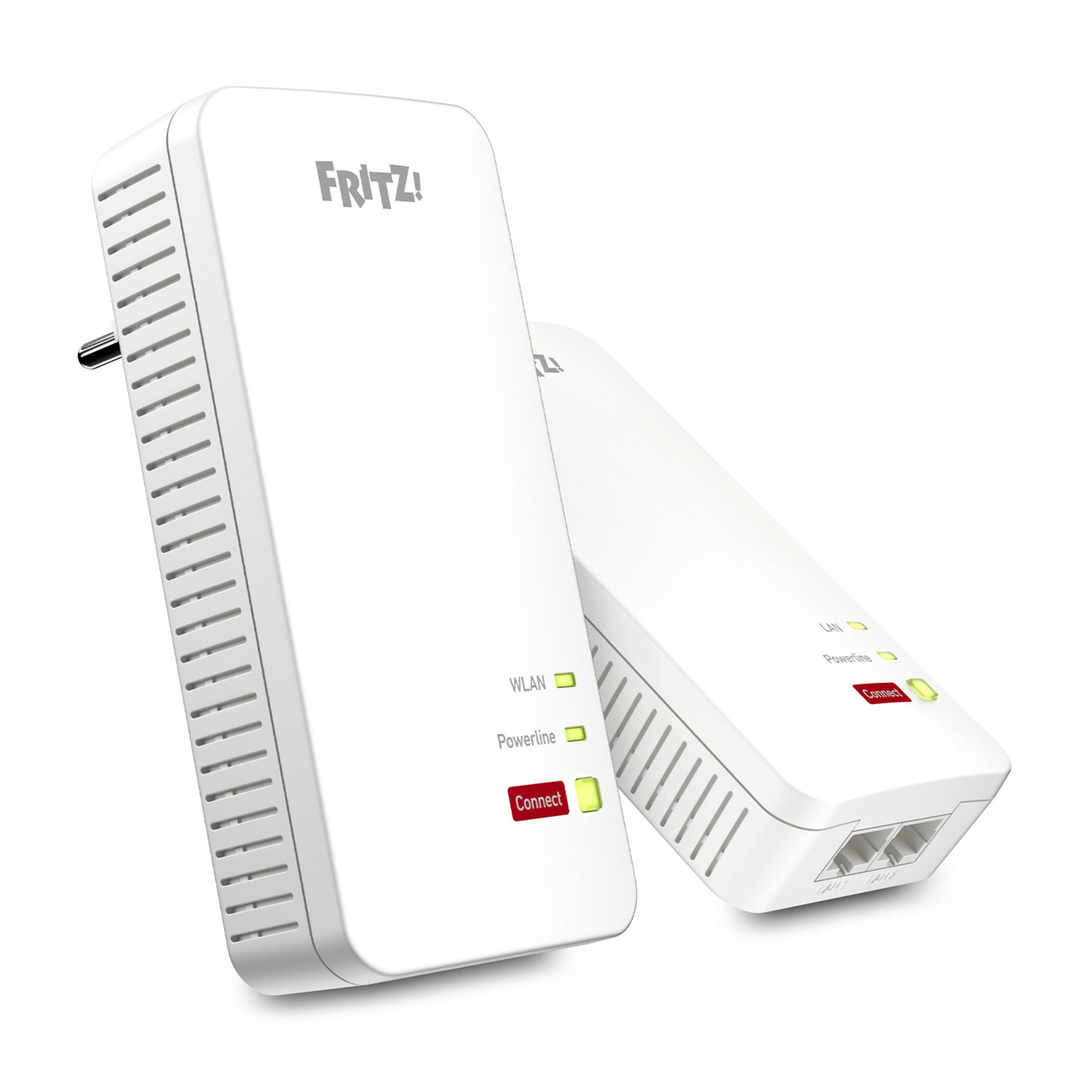 Dwa białe adaptery FRITZ!Powerline z otworami wentylacyjnymi i diodami.