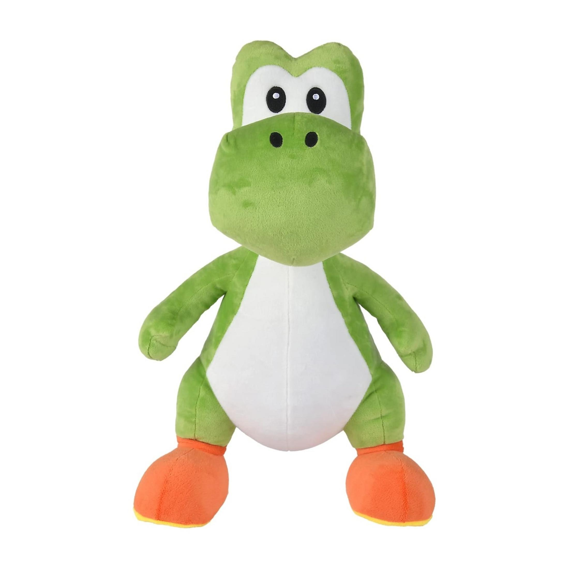 Ein grüner Yoshi-Plüsch mit weißem Bauch und orangen Füßen.