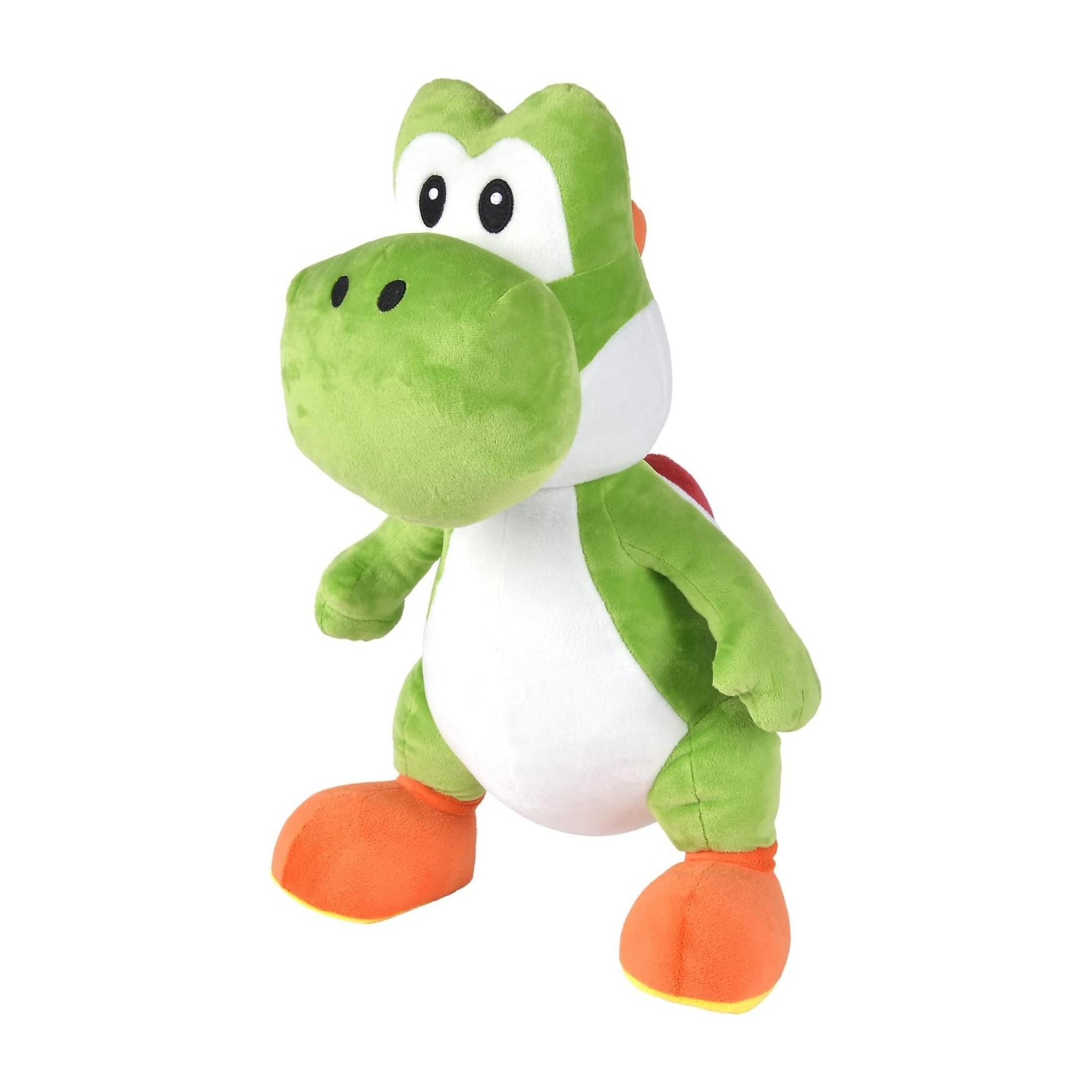 Ein grüner Yoshi Plüsch mit orangefarbenen Füßen und weißem Bauch.