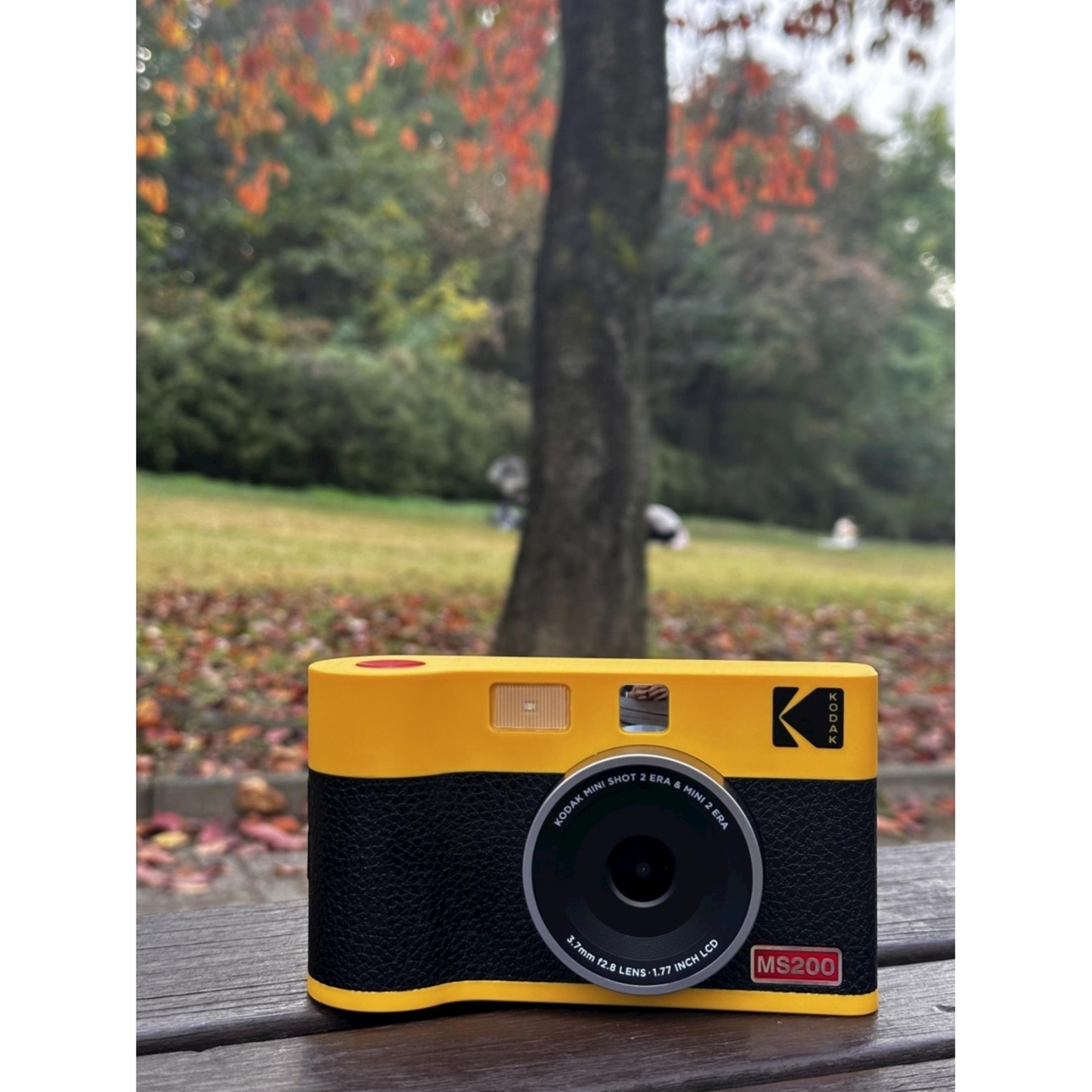 Eine gelbe und schwarze Kodak-Kamera steht auf einem Holztisch im Freien.
