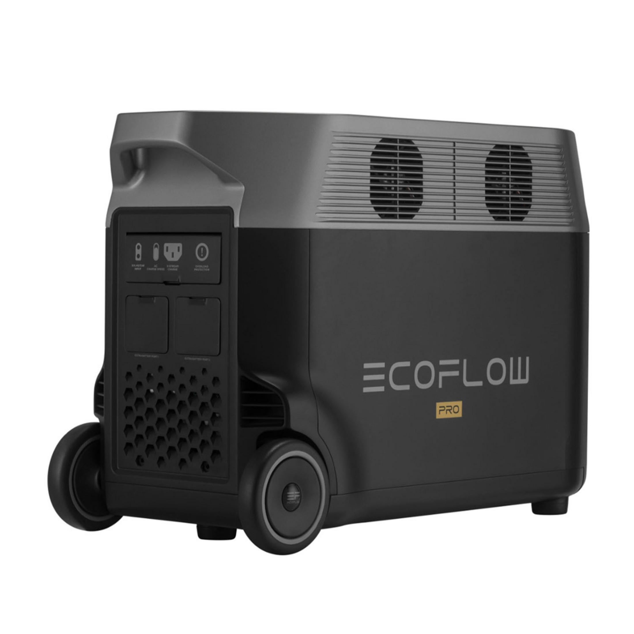 Siyah taşınabilir EcoFlow Pro jeneratör, tekerlekli ve havalandırmalı.