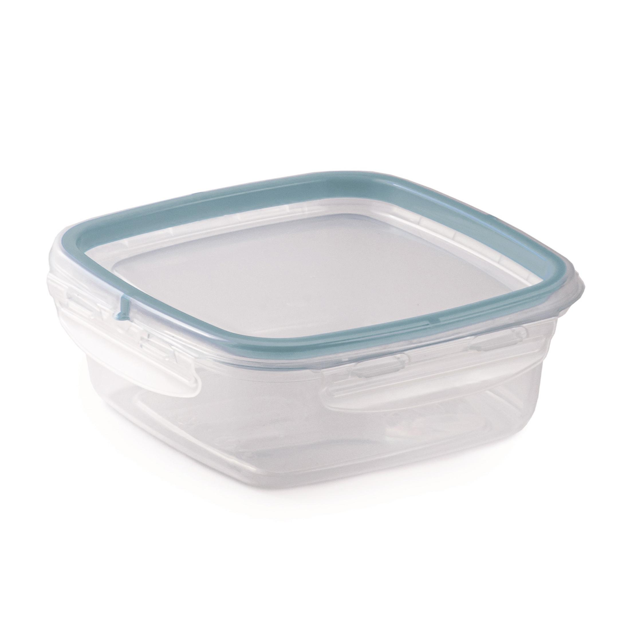 Un contenitore quadrato trasparente con coperchio blu e clip.