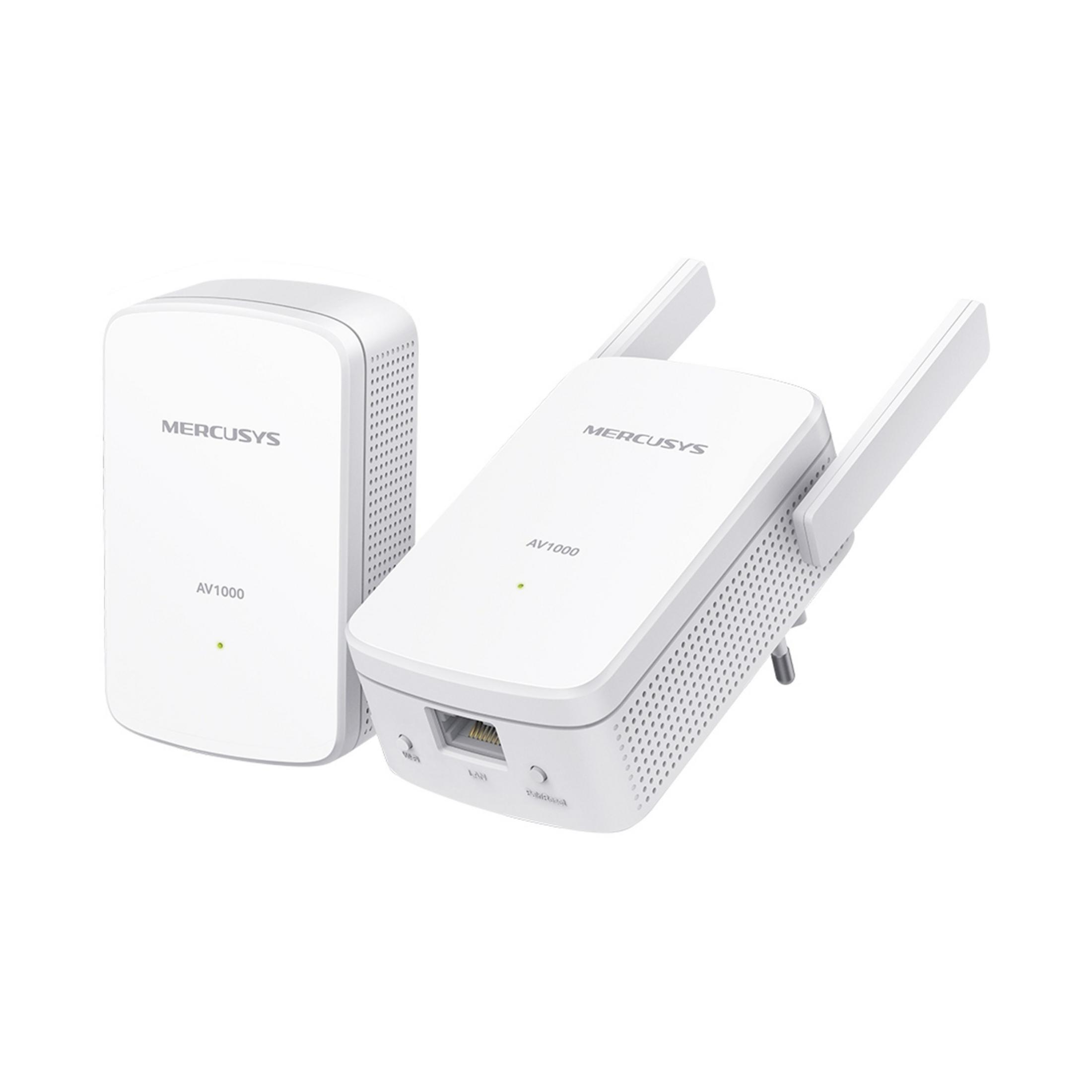 Due adattatori powerline bianchi MERCUSYS AV1000 sono mostrati uno accanto all'altro.