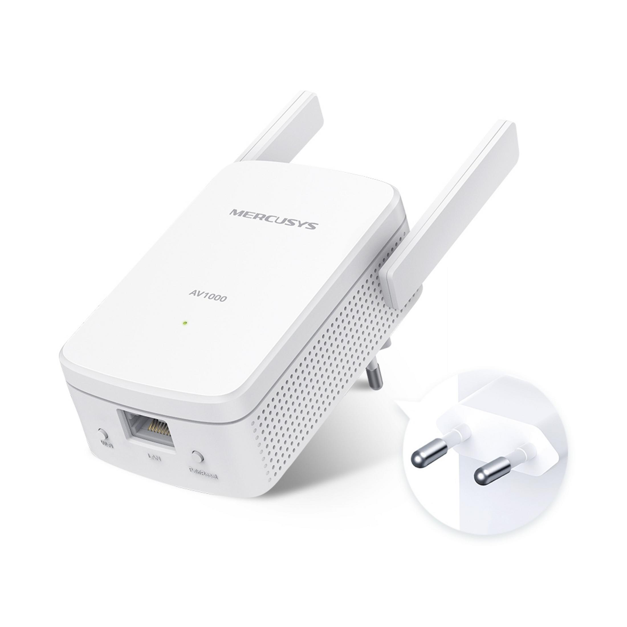 Un ripetitore Wi-Fi MERCUSYS bianco con antenne e spina.