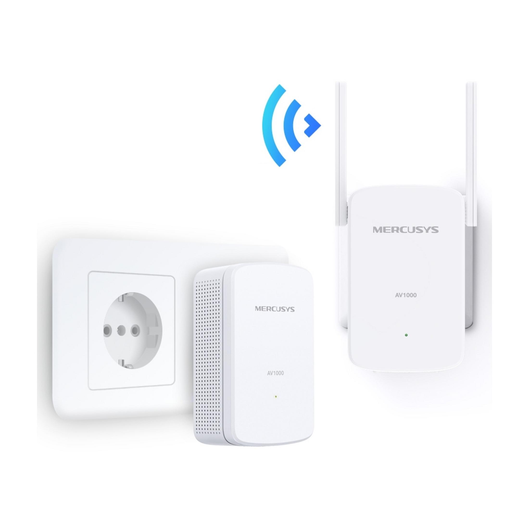 Adattatore Mercusys bianco collegato a una presa con extender Wi-Fi.