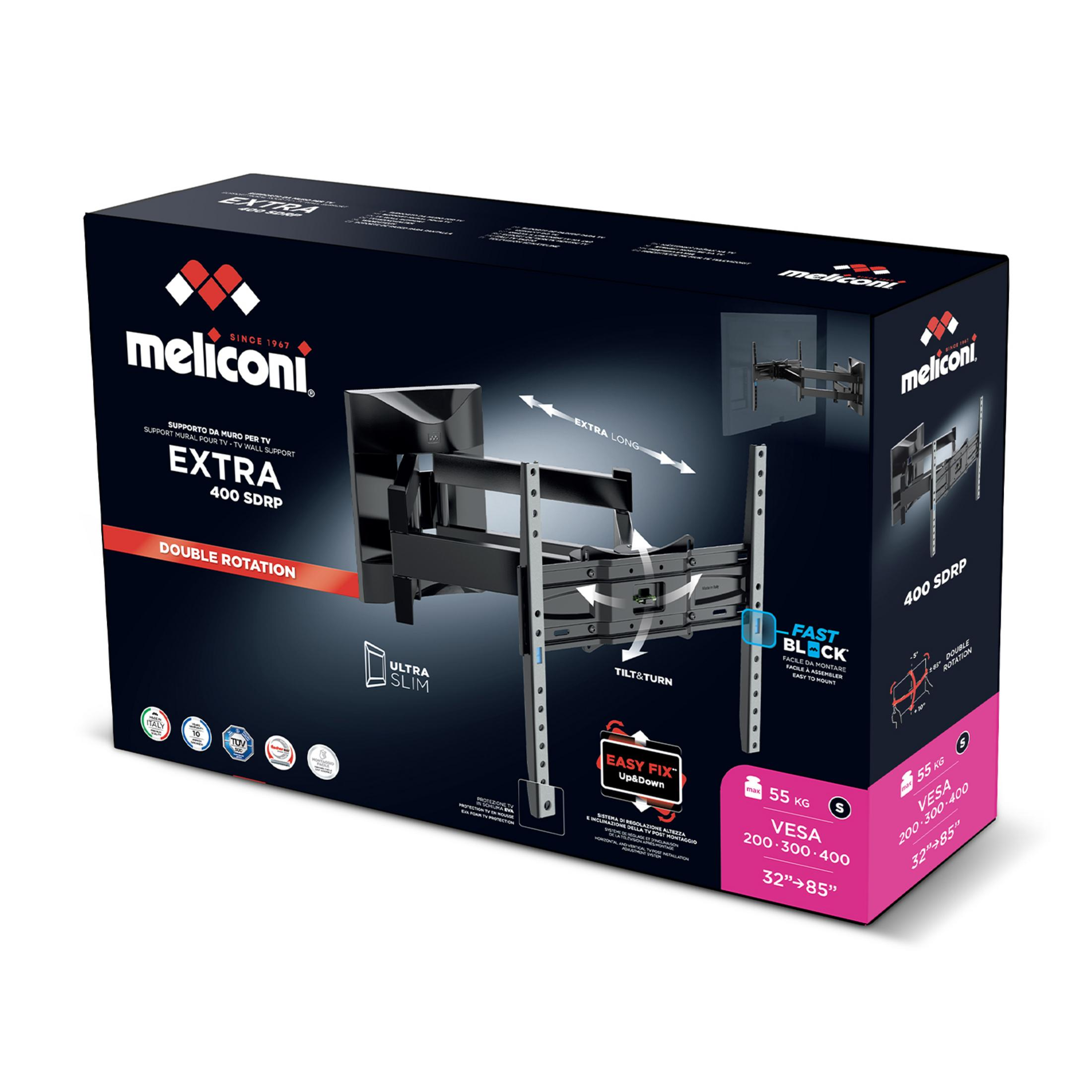 Verpackung eines Meliconi TV-Wandhalters mit Beschriftung 'Extra 400 SDRP'.