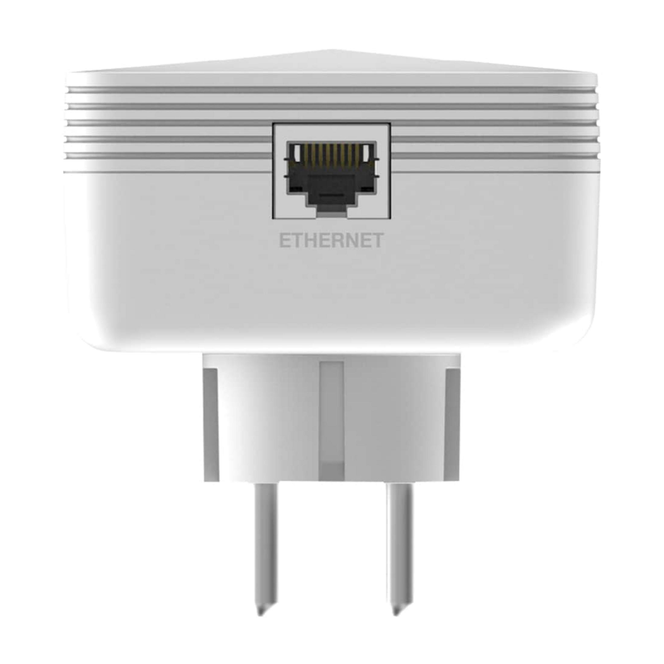 Biały wzmacniacz WiFi z portem Ethernet i bolcami.