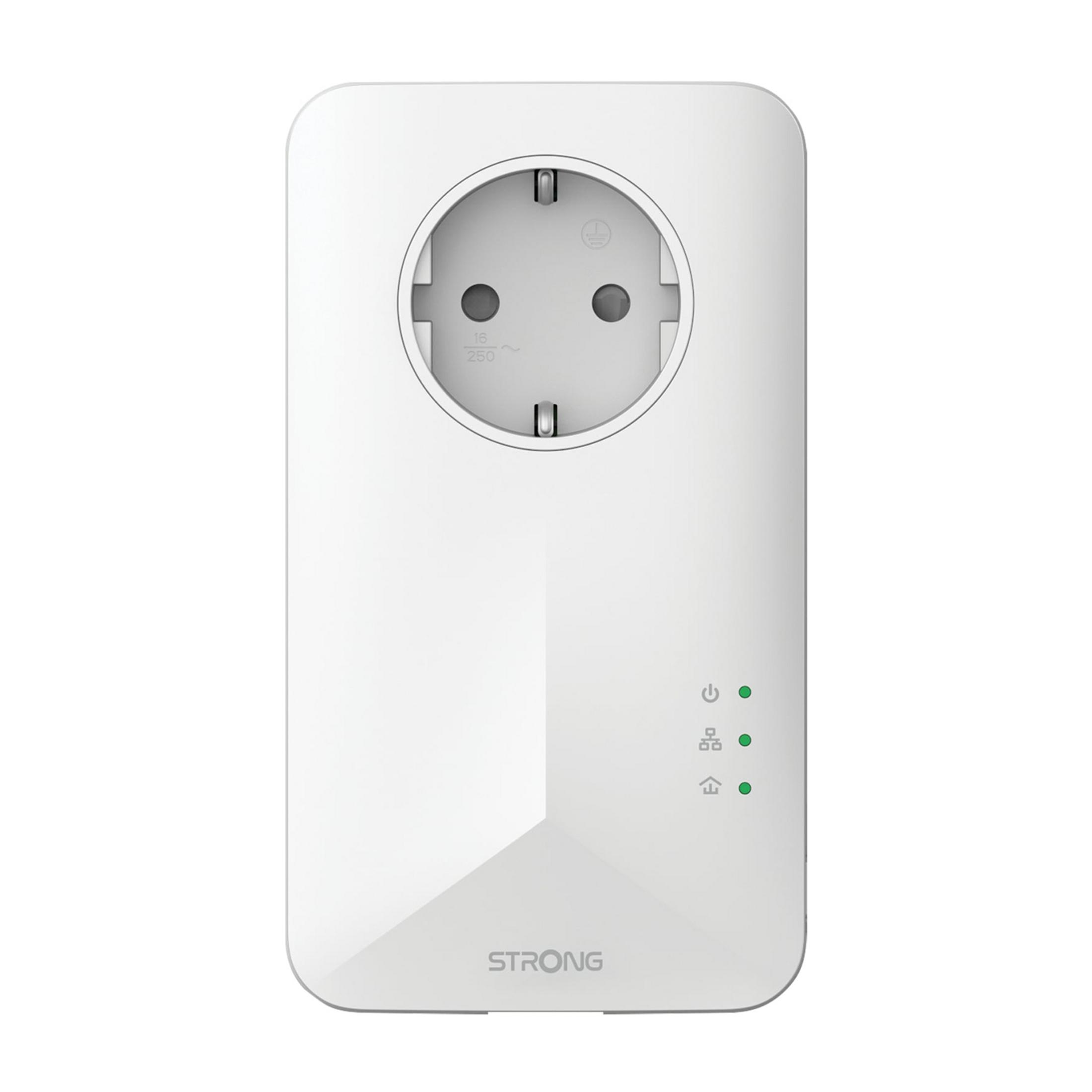 Biały adapter sieciowy z gniazdkiem i trzema zielonymi wskaźnikami LED.