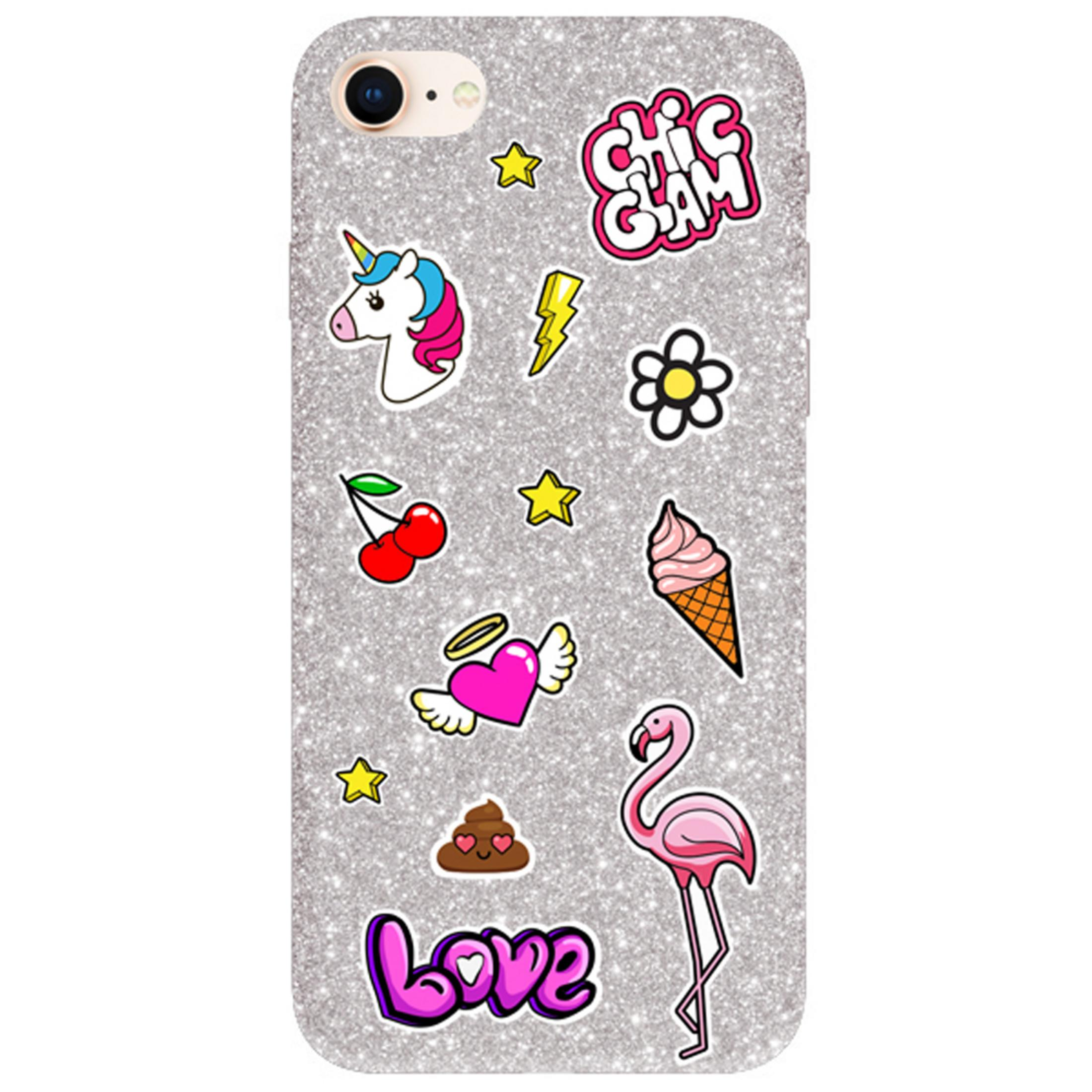 Cover scintillante per telefono con adesivi: unicorno, gelato, fenicottero.