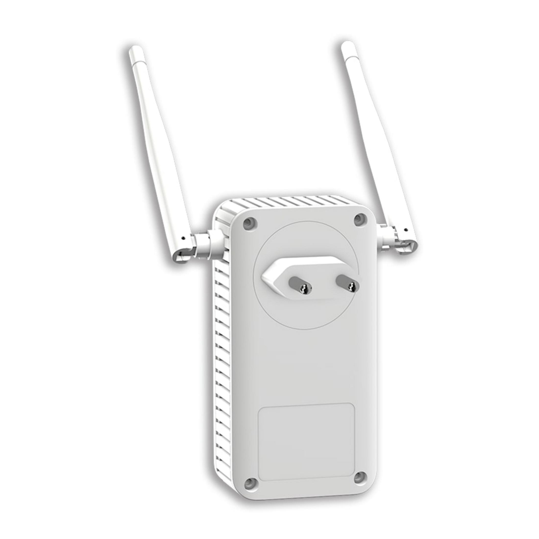 Répéteur WiFi blanc avec deux antennes et prise.