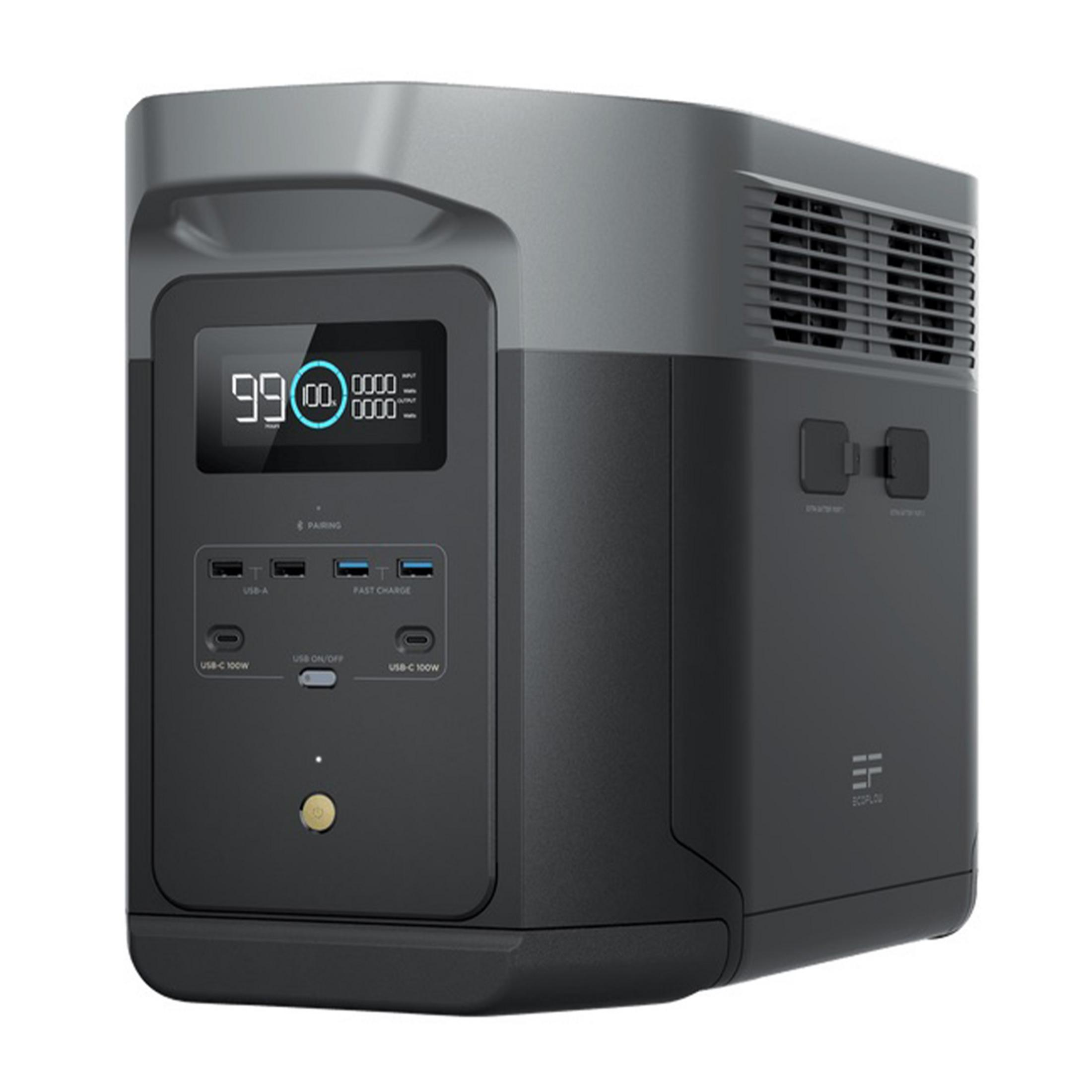 Czarna przenośna stacja zasilania z cyfrowym wyświetlaczem pokazującym 99% naładowania i portami.