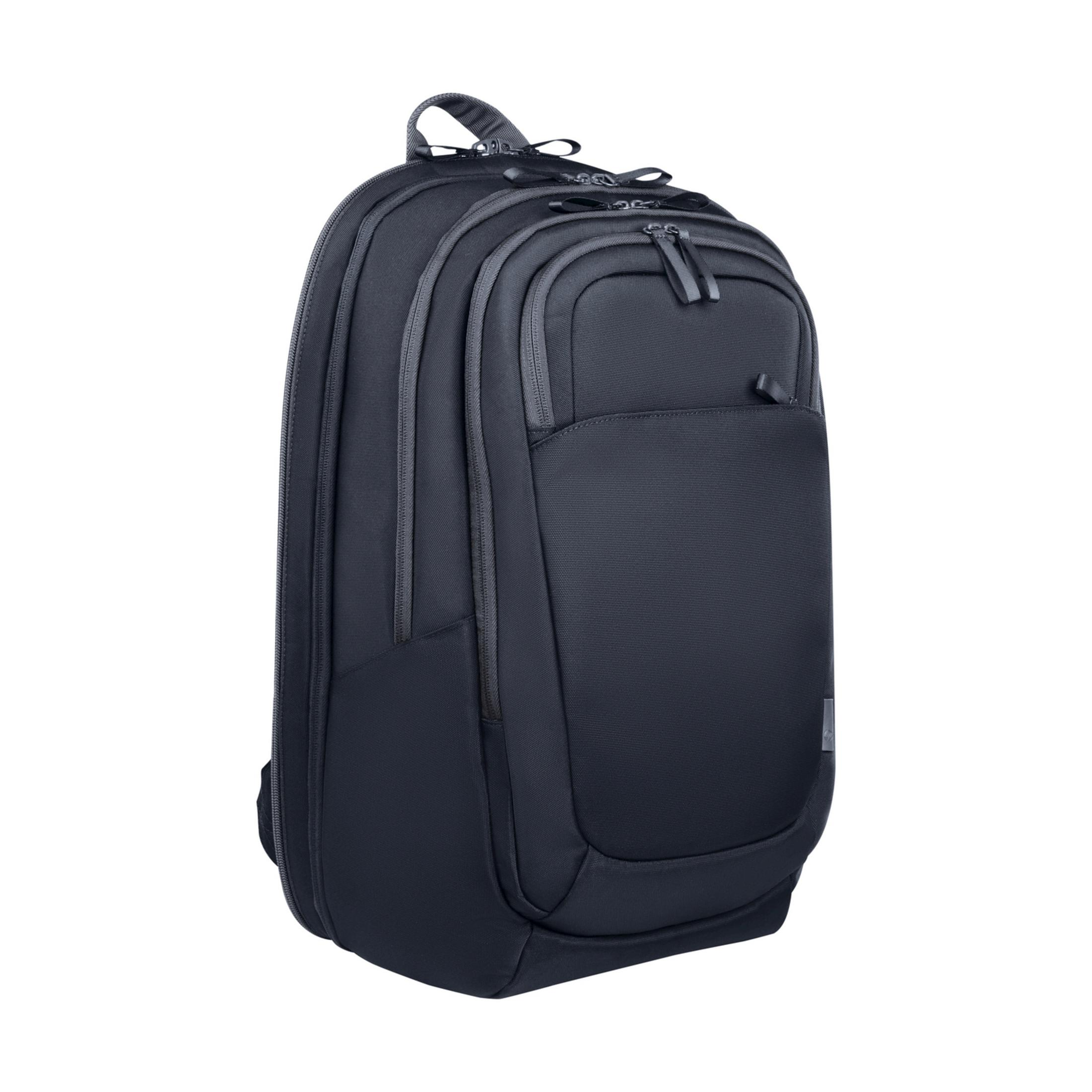 Una mochila azul oscuro con múltiples cremalleras, sobre fondo blanco.
