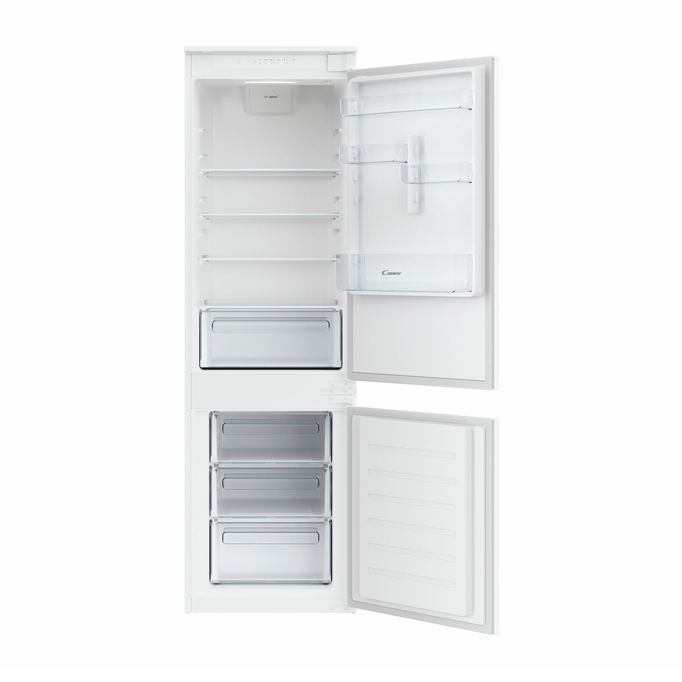 Un frigorifero bianco con porte aperte e diversi ripiani e cassetti.
