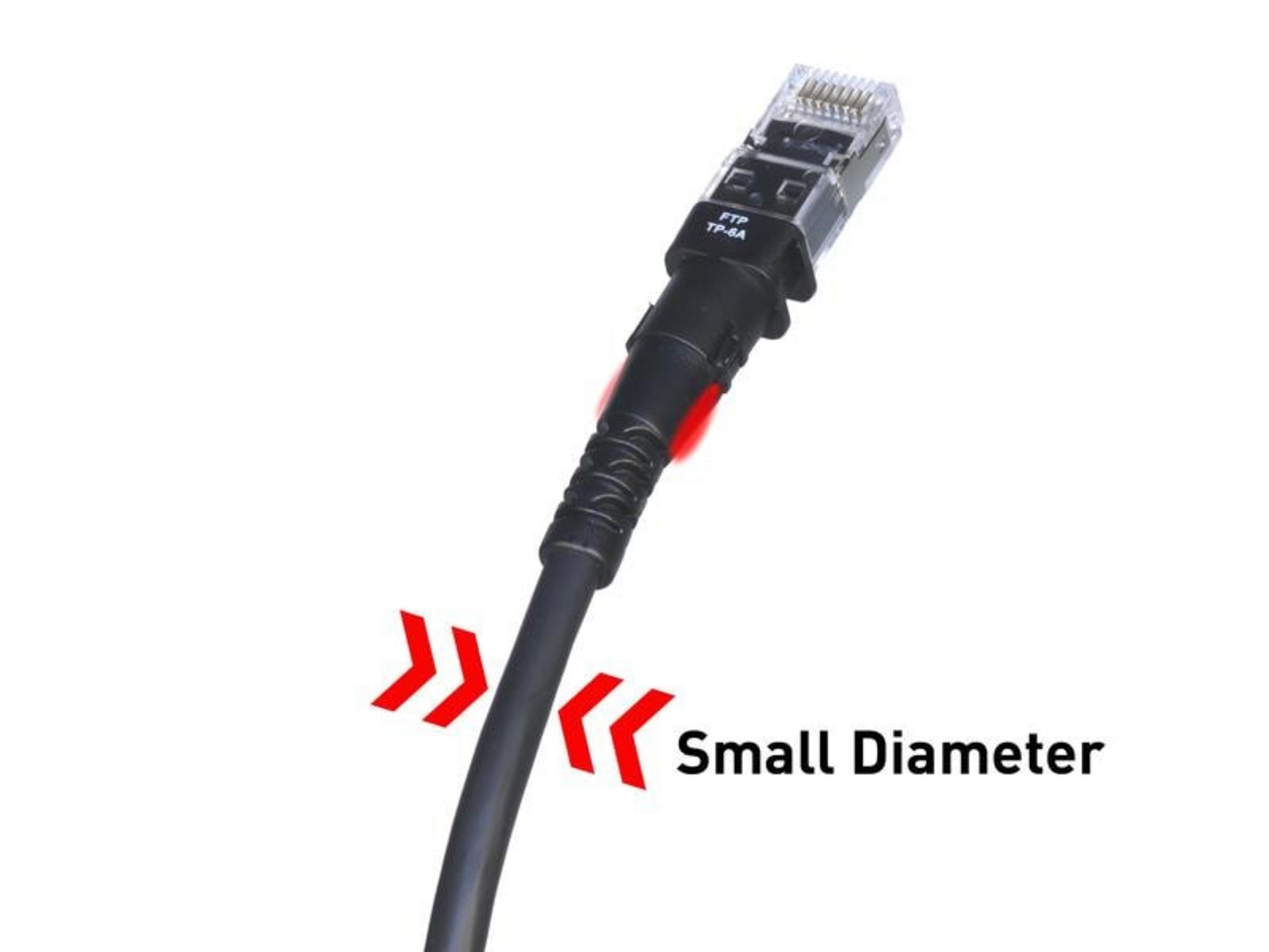 Un câble réseau noir avec un connecteur RJ45 transparent et un accent rouge.