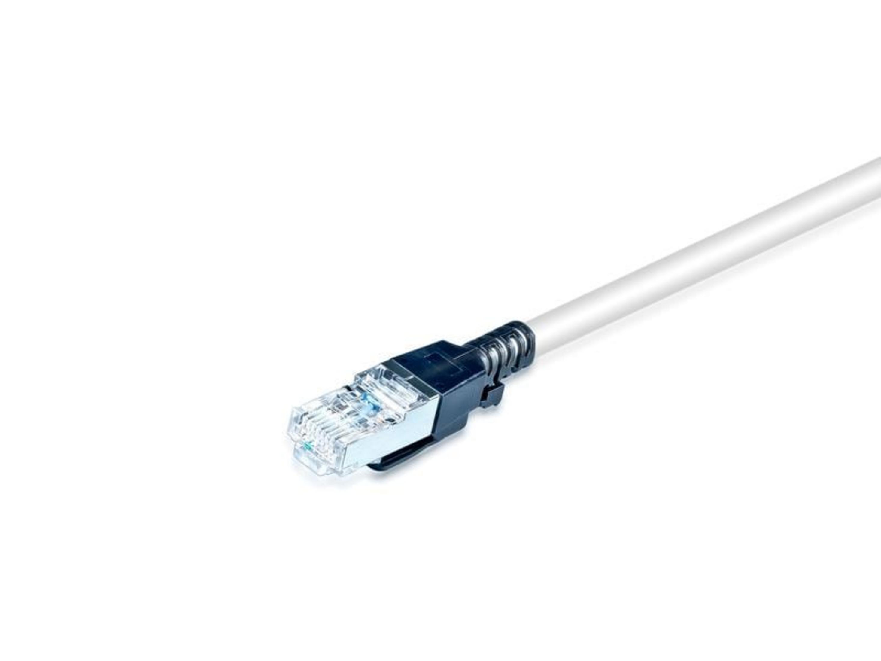 Un câble réseau blanc avec un connecteur RJ45 transparent et une décharge de traction noire.
