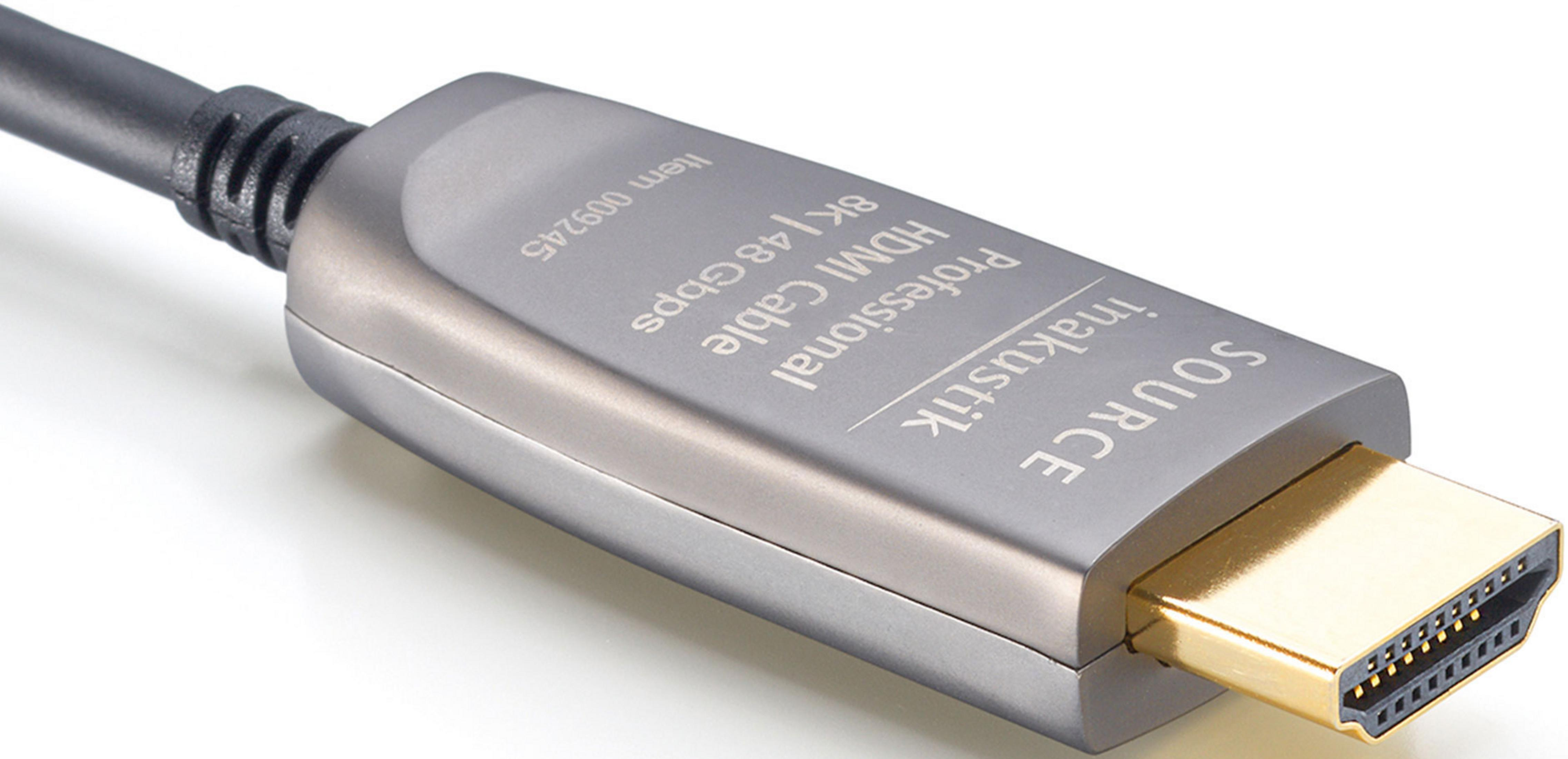Ein silbernes HDMI-Kabel mit Goldstecker, beschriftet mit 'inAKUSTIK Professional'.