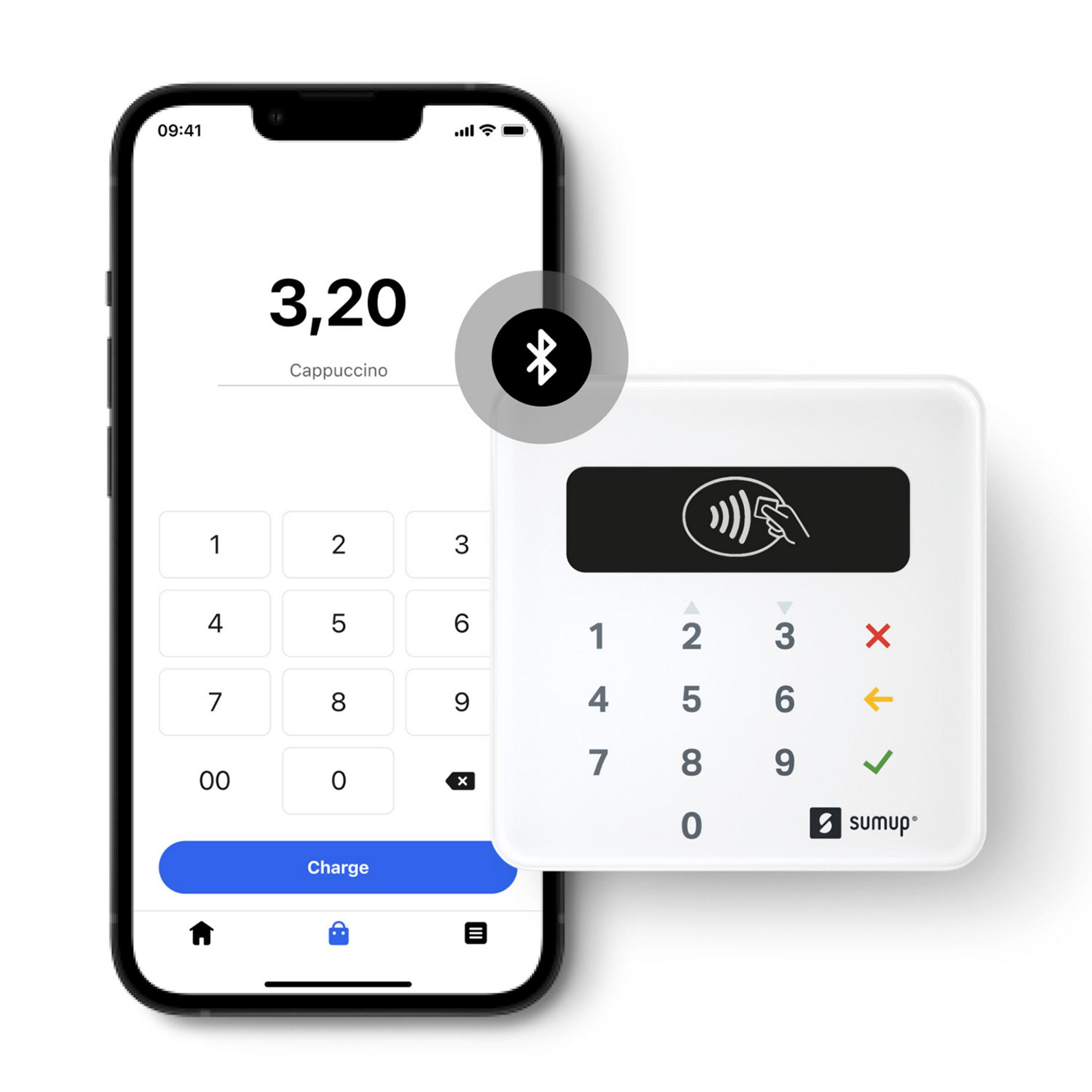 Uno smartphone mostra 3,20 per Cappuccino. Accanto, un lettore di carte.