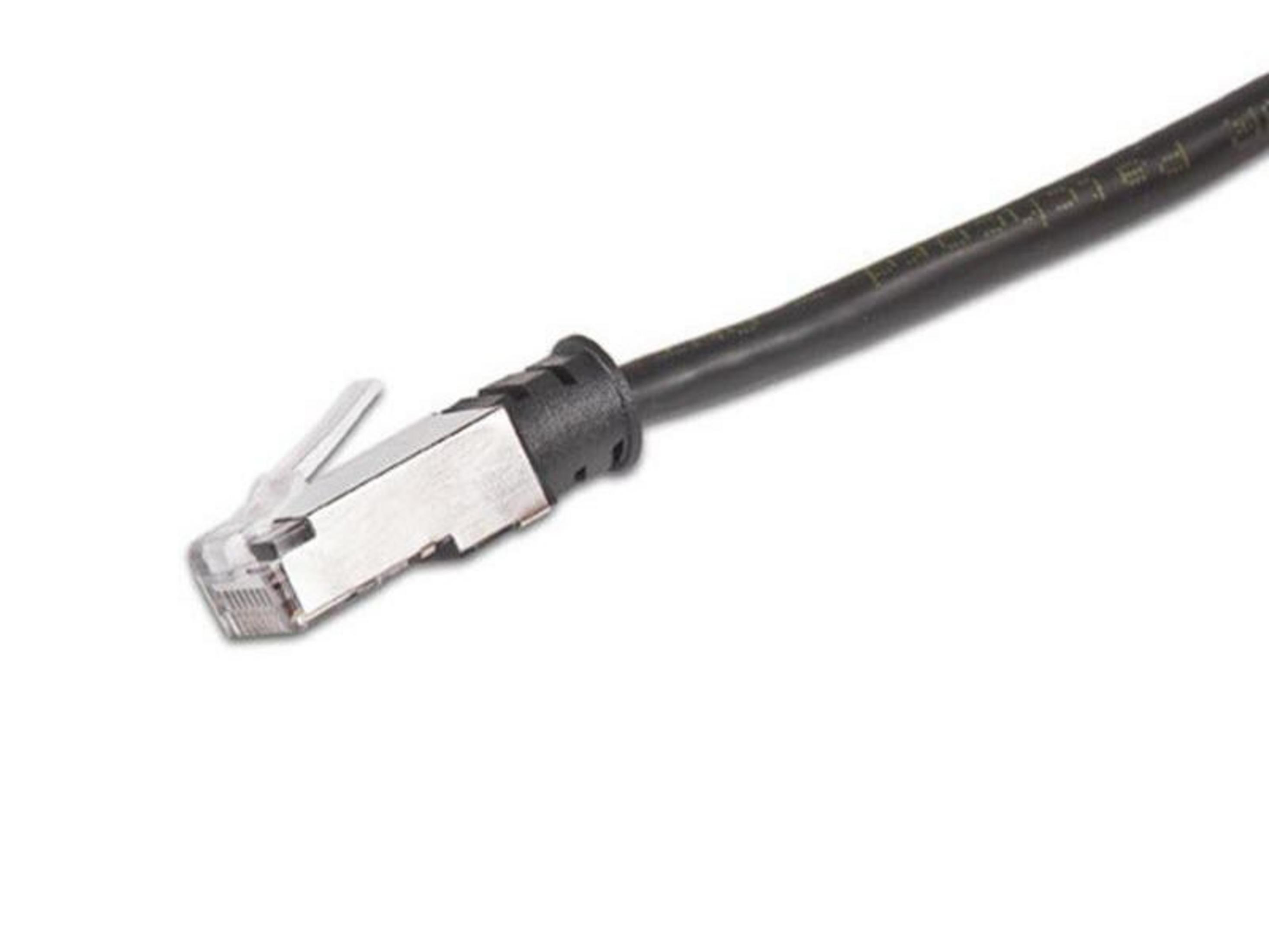 Un câble réseau noir avec un connecteur RJ45 argenté sur fond blanc.