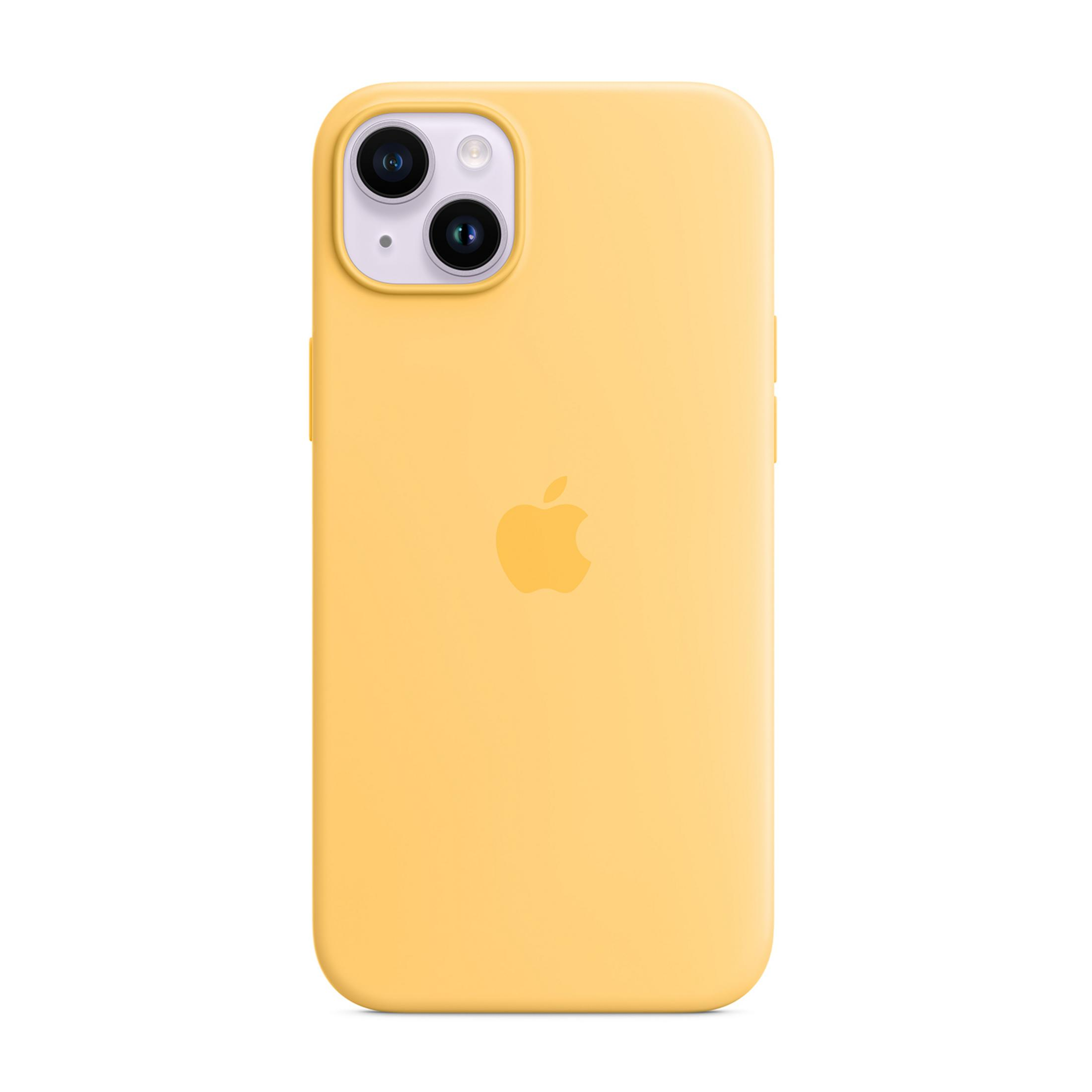 Gele iPhone hoes met Apple logo en camera-uitsparing.