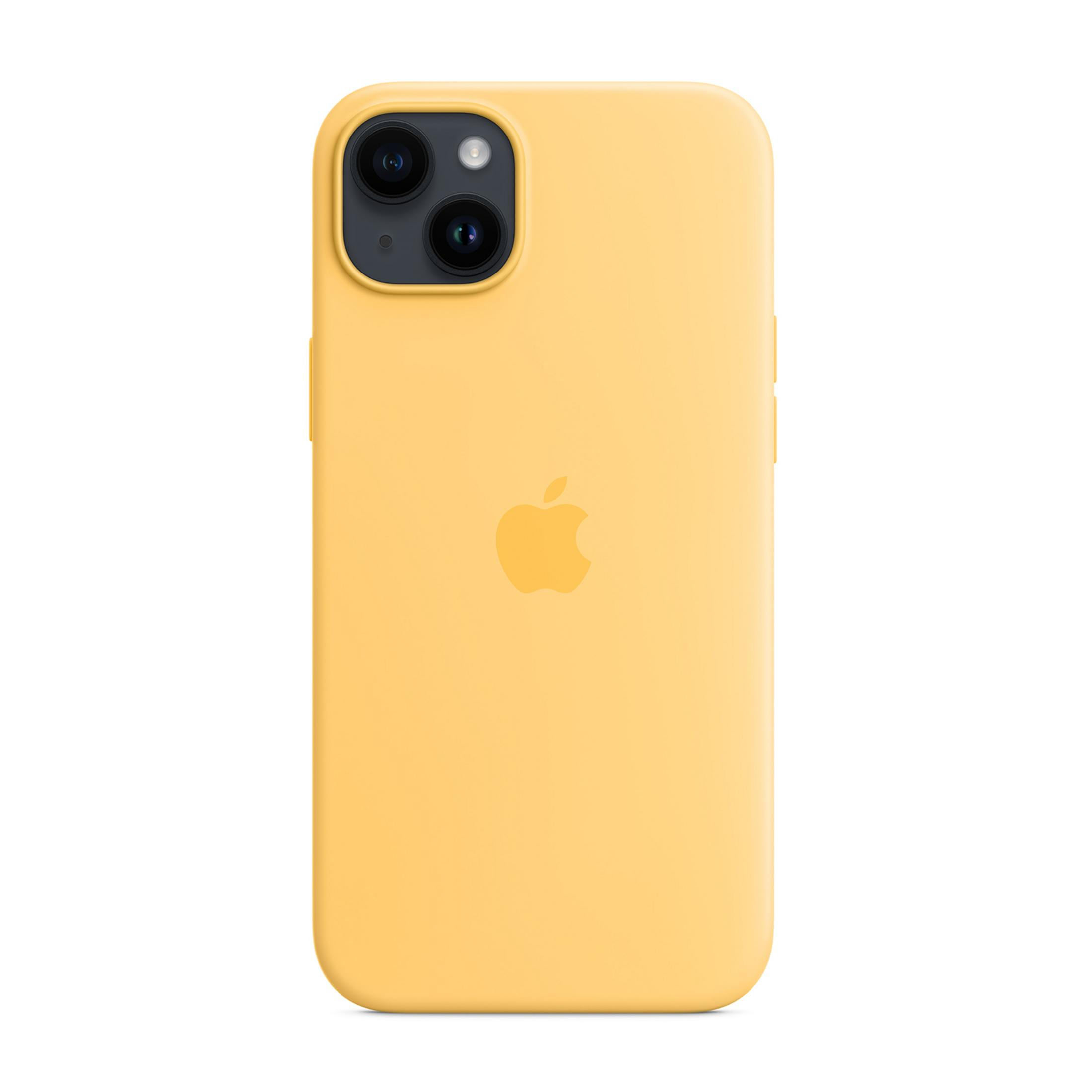 Gele iPhone hoes met dubbele camera en Apple logo.