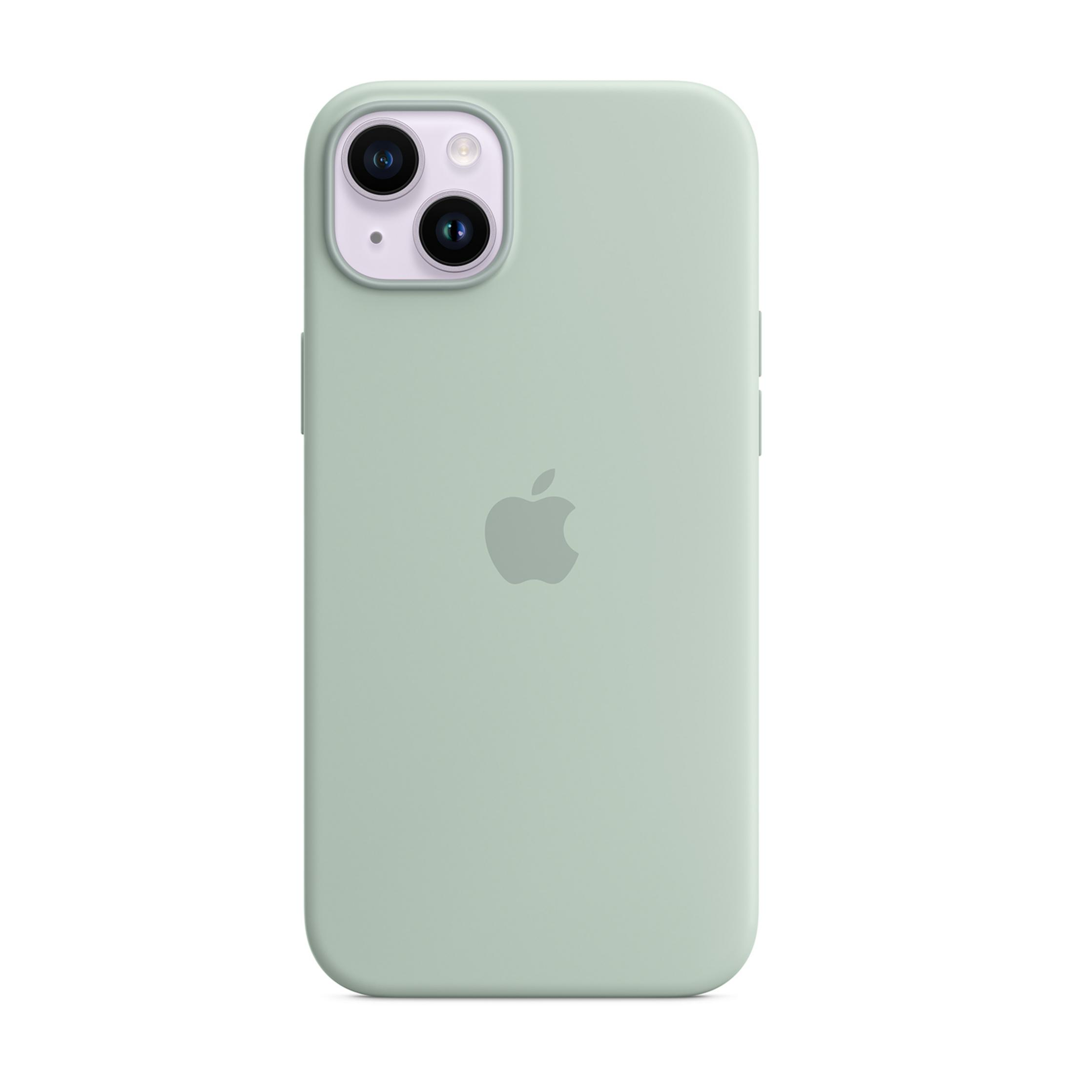Een lichtgroene iPhone-hoes met Apple-logo en dubbele camera.