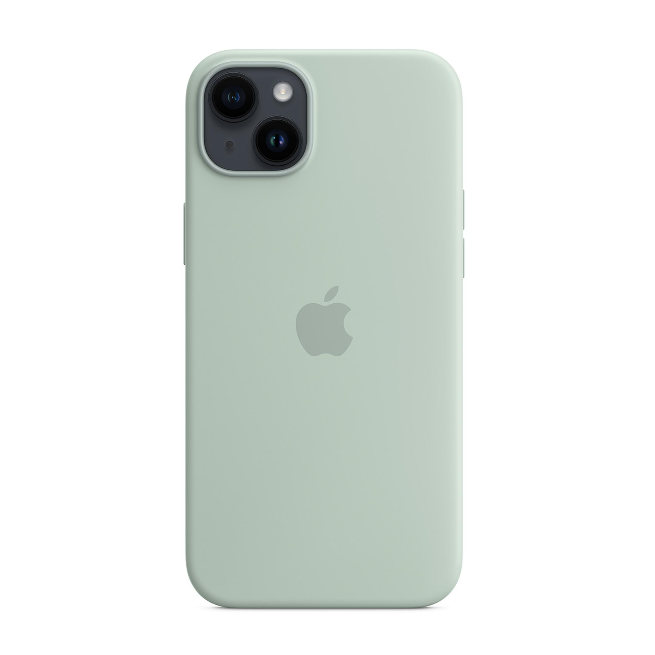 Een lichtgroene iPhone met twee camera's en een Apple-logo op de achterkant.