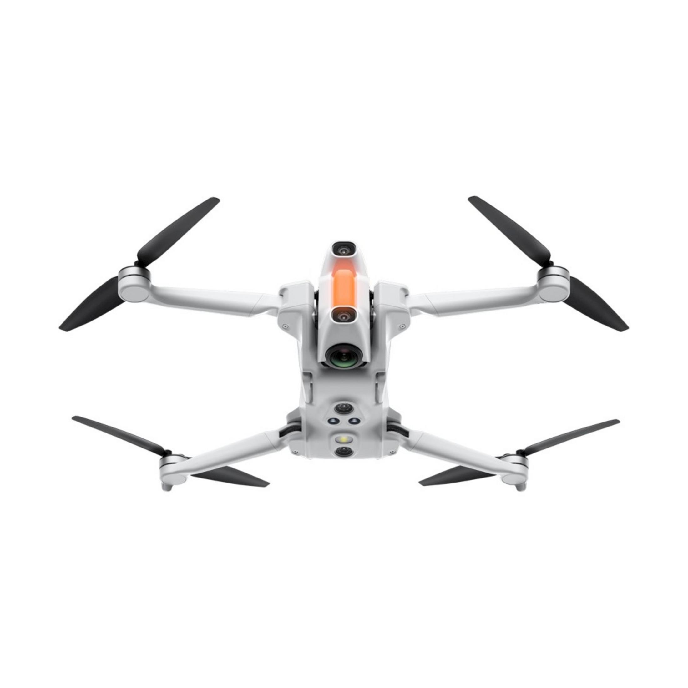 Biały dron z czarnymi śmigłami i pomarańczowymi akcentami.