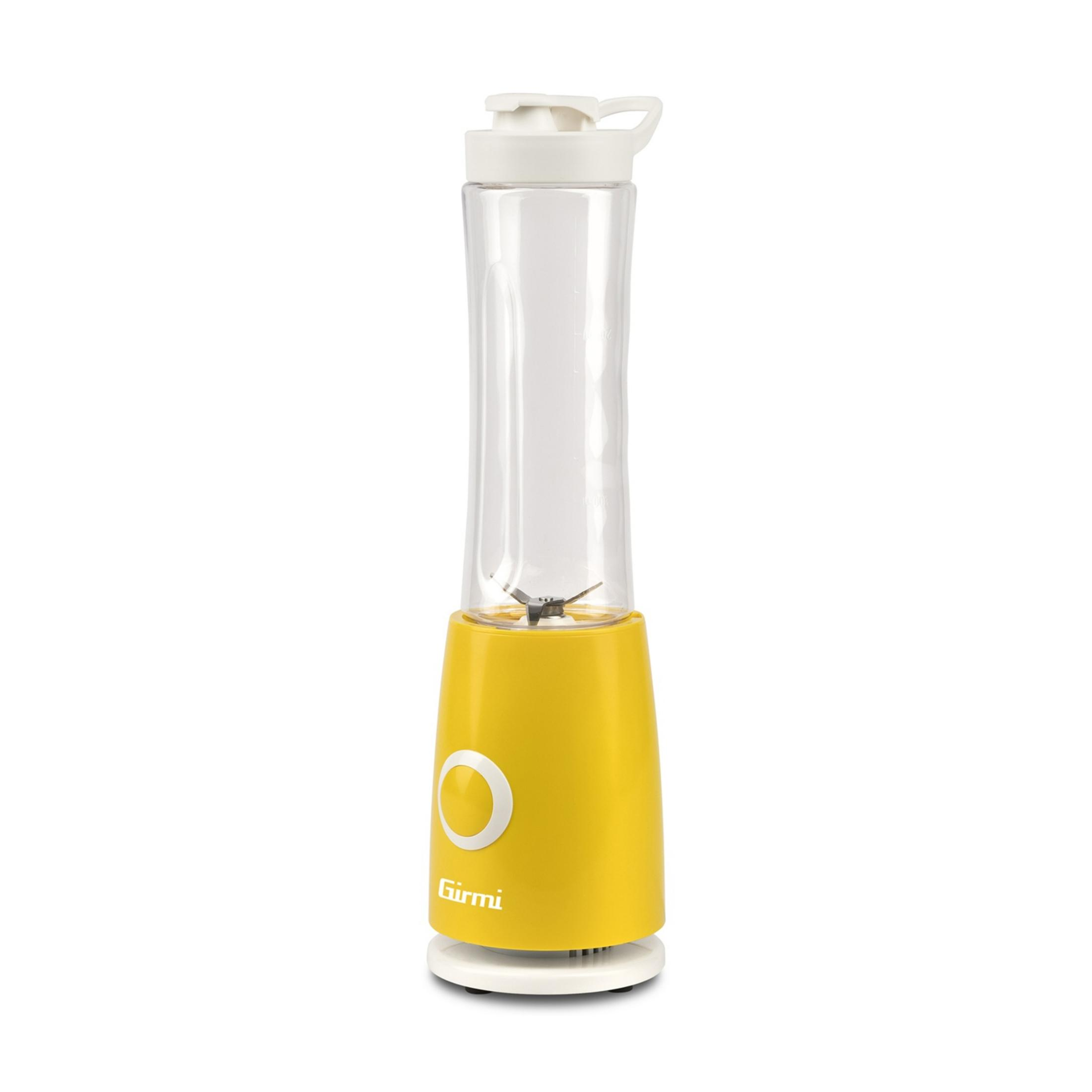 Un frullatore Girmi giallo con contenitore trasparente e coperchio bianco.
