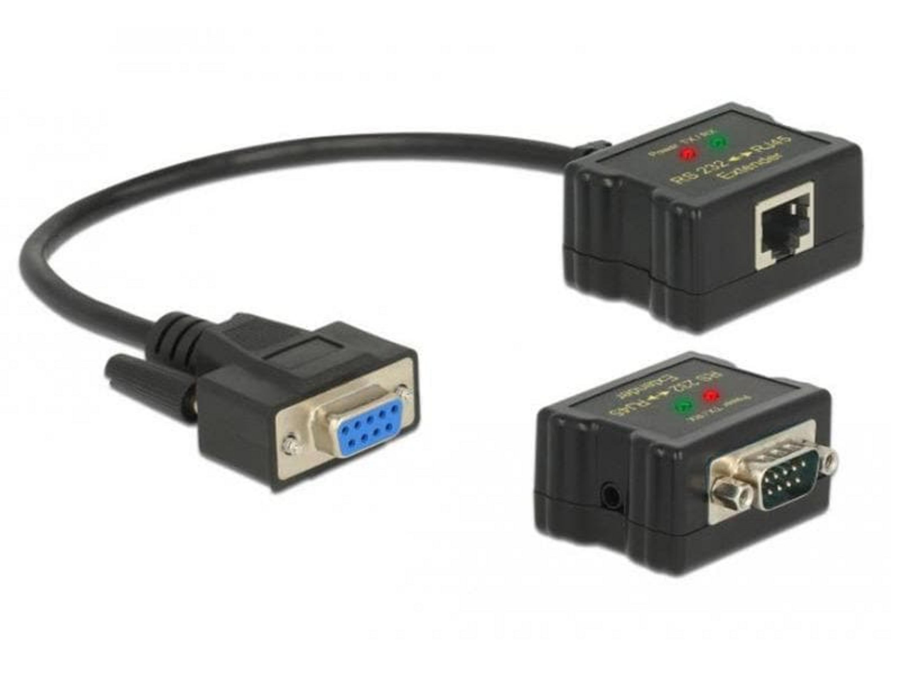 Ein RS232 zu RJ45 Extender mit DB9 Stecker und Buchse auf weißem Grund.