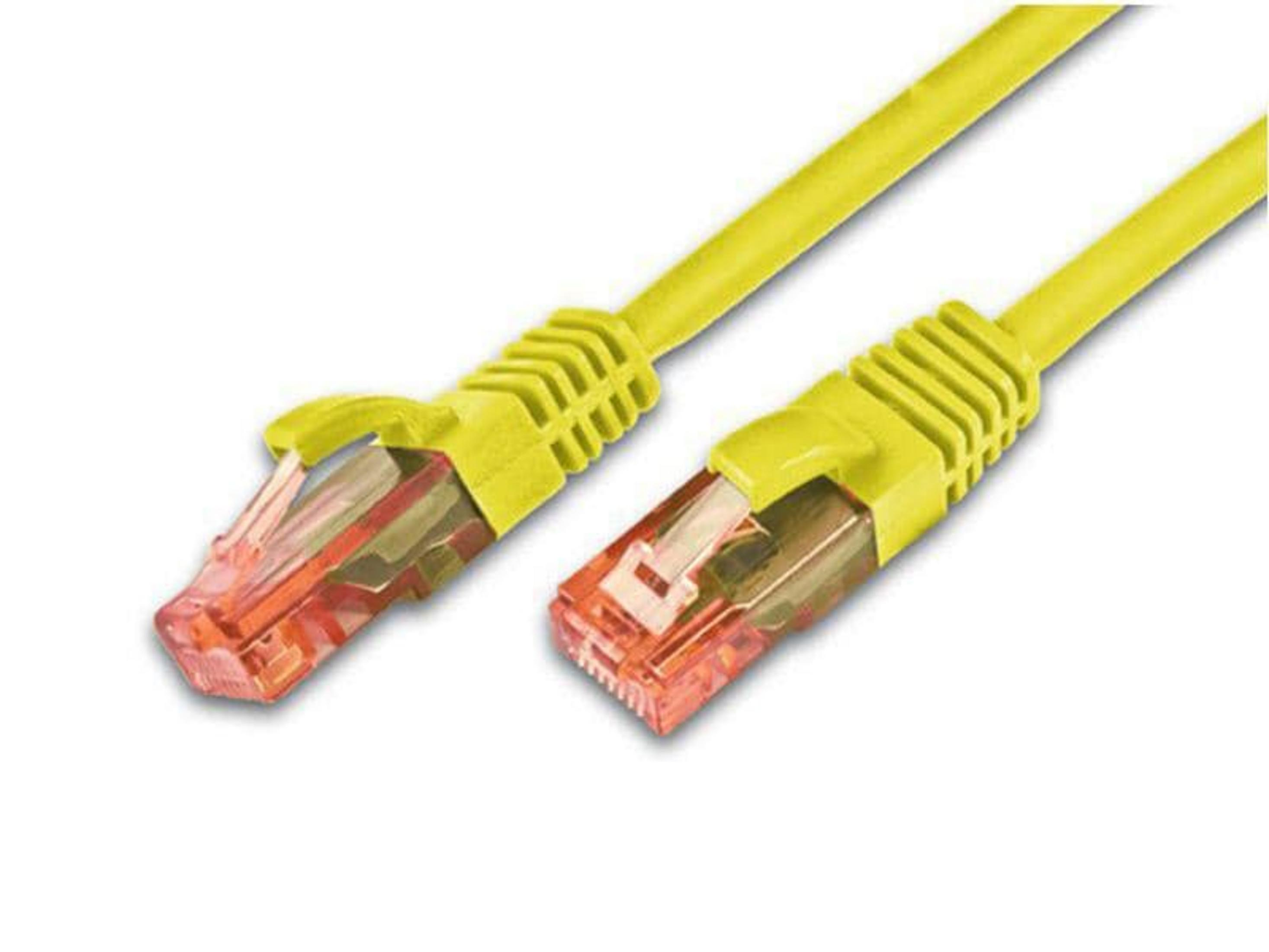 Zwei gelbe Netzwerkkabel mit transparenten Steckern