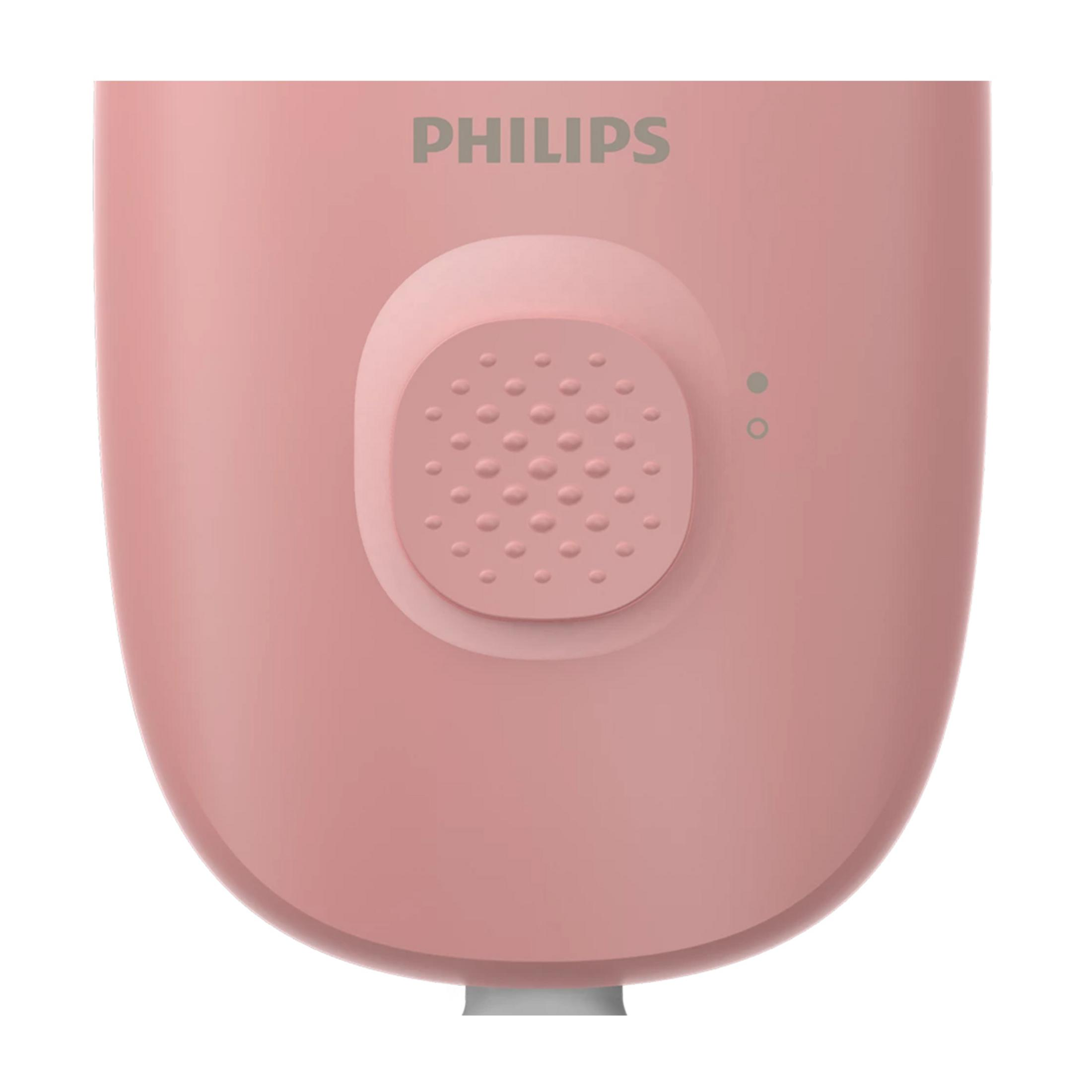 Zbliżenie różowej depilarki Philips z przyciskiem i dwoma małymi lampkami.
