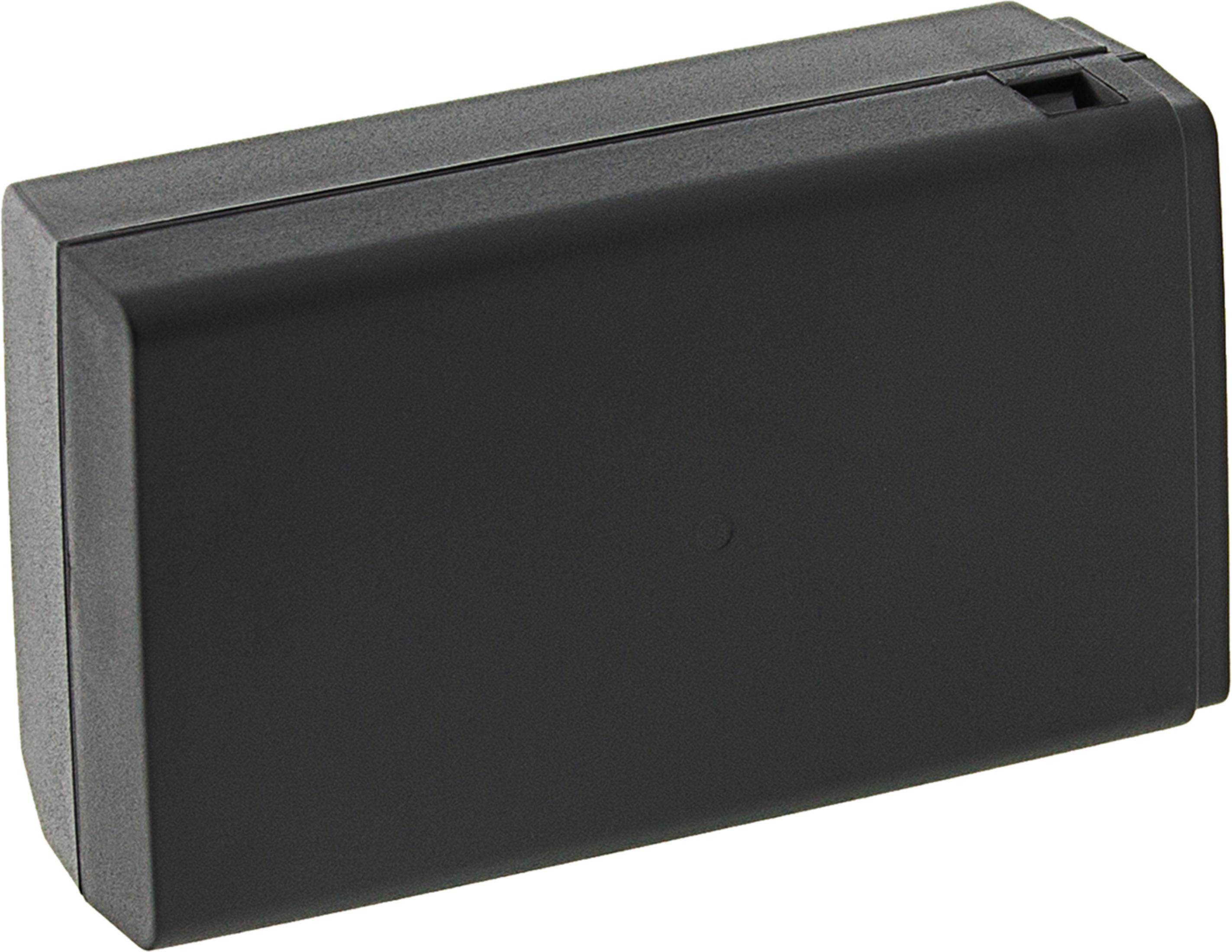 Una batteria rettangolare nera con angoli arrotondati.