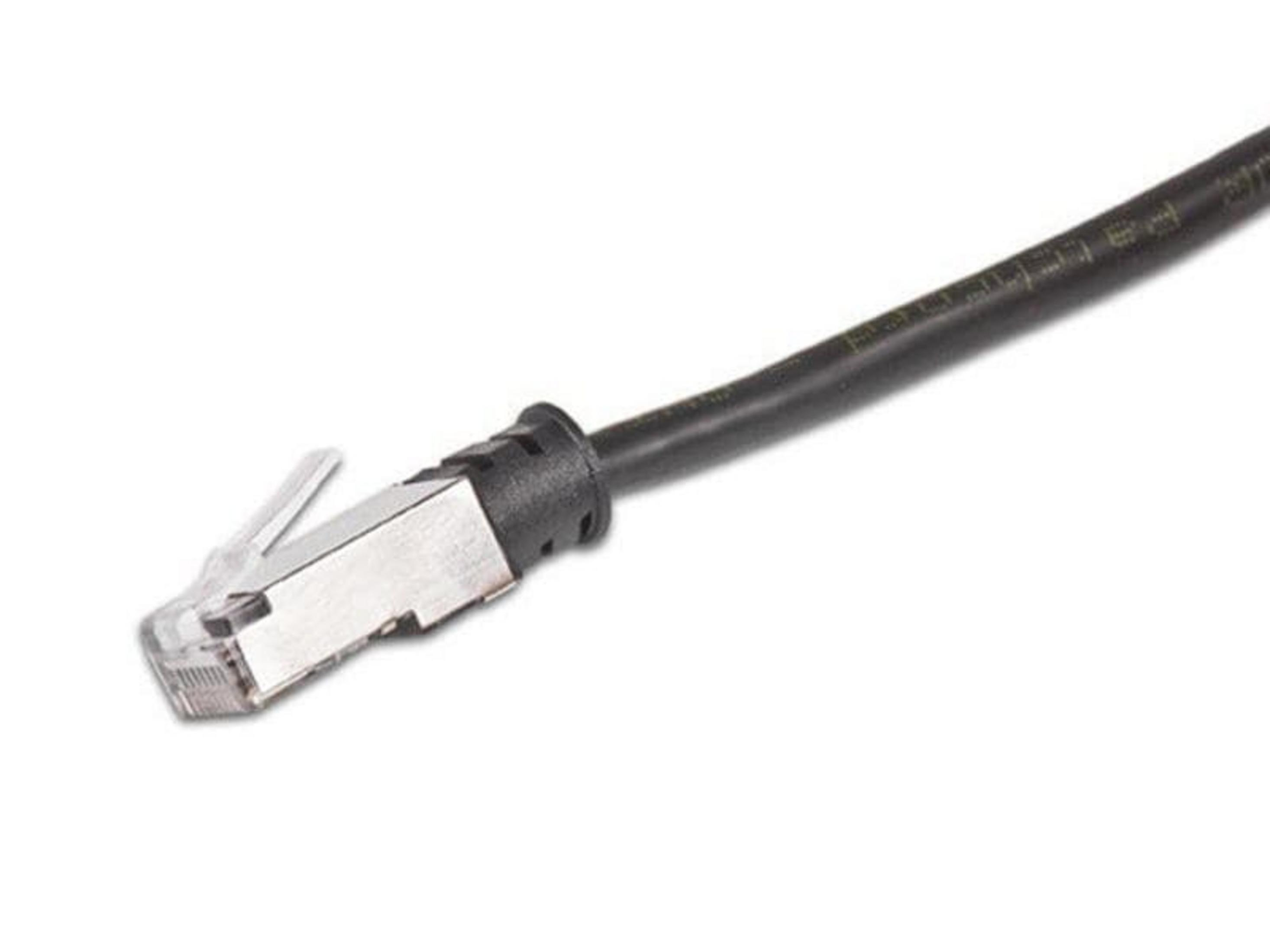 Ein schwarzes Netzwerkkabel mit einem silbernen RJ45-Stecker auf weißem Hintergrund.