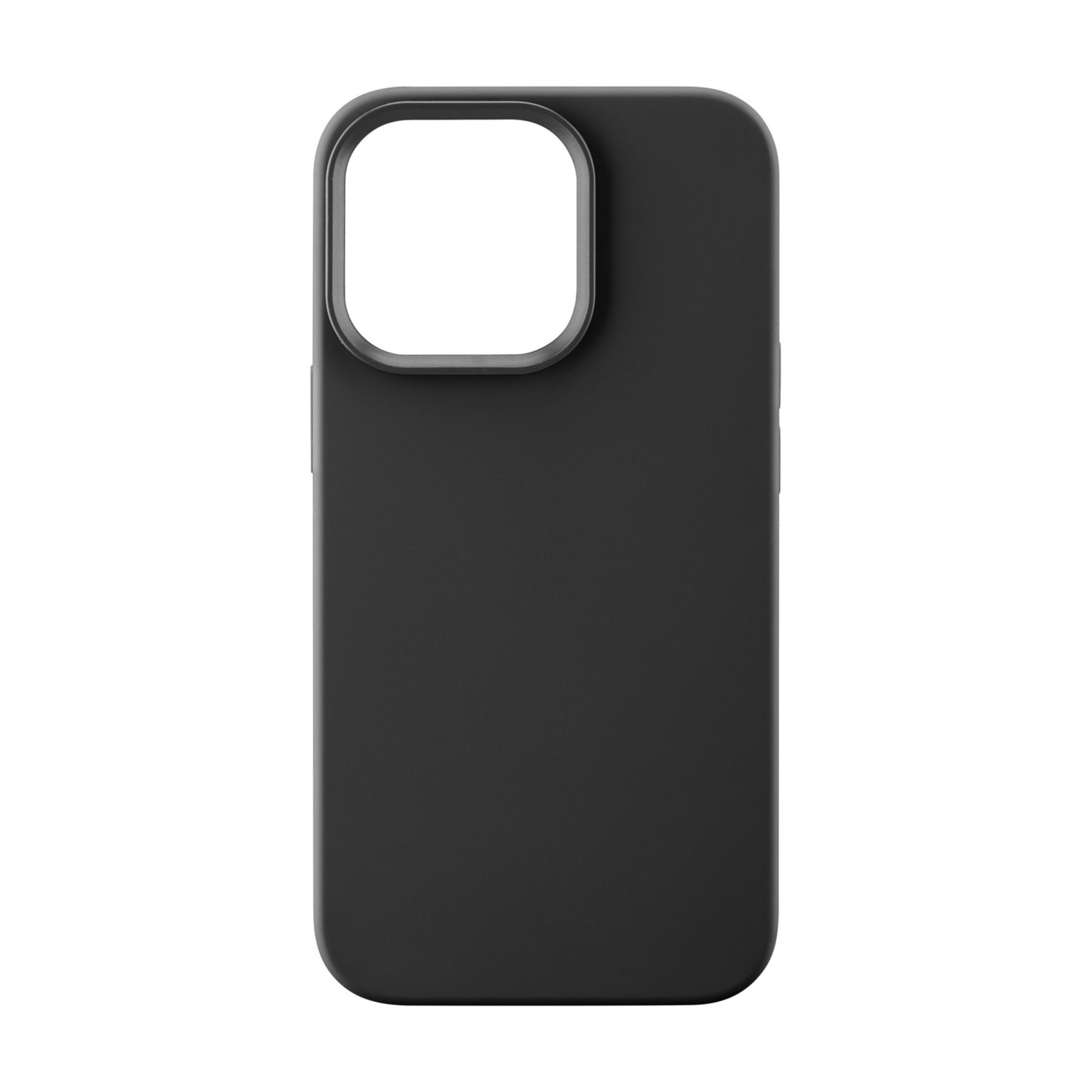 Funda de teléfono negra con recorte de cámara, vista plana.