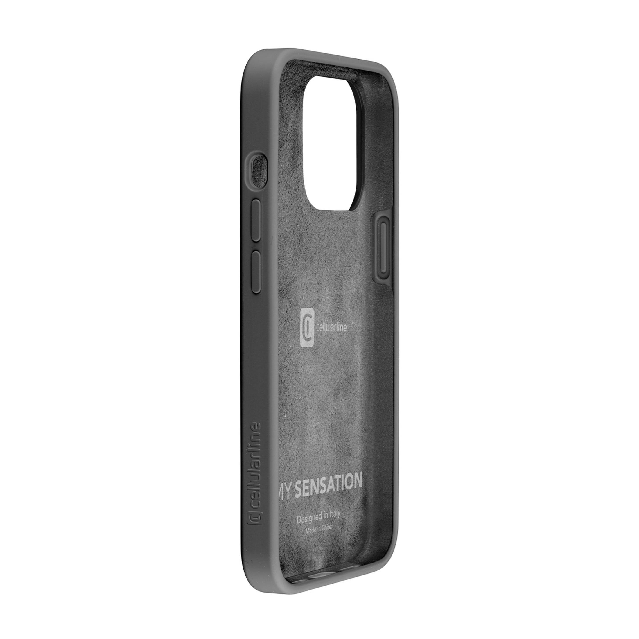 Funda de teléfono gris con interior de terciopelo. Logo dentro.