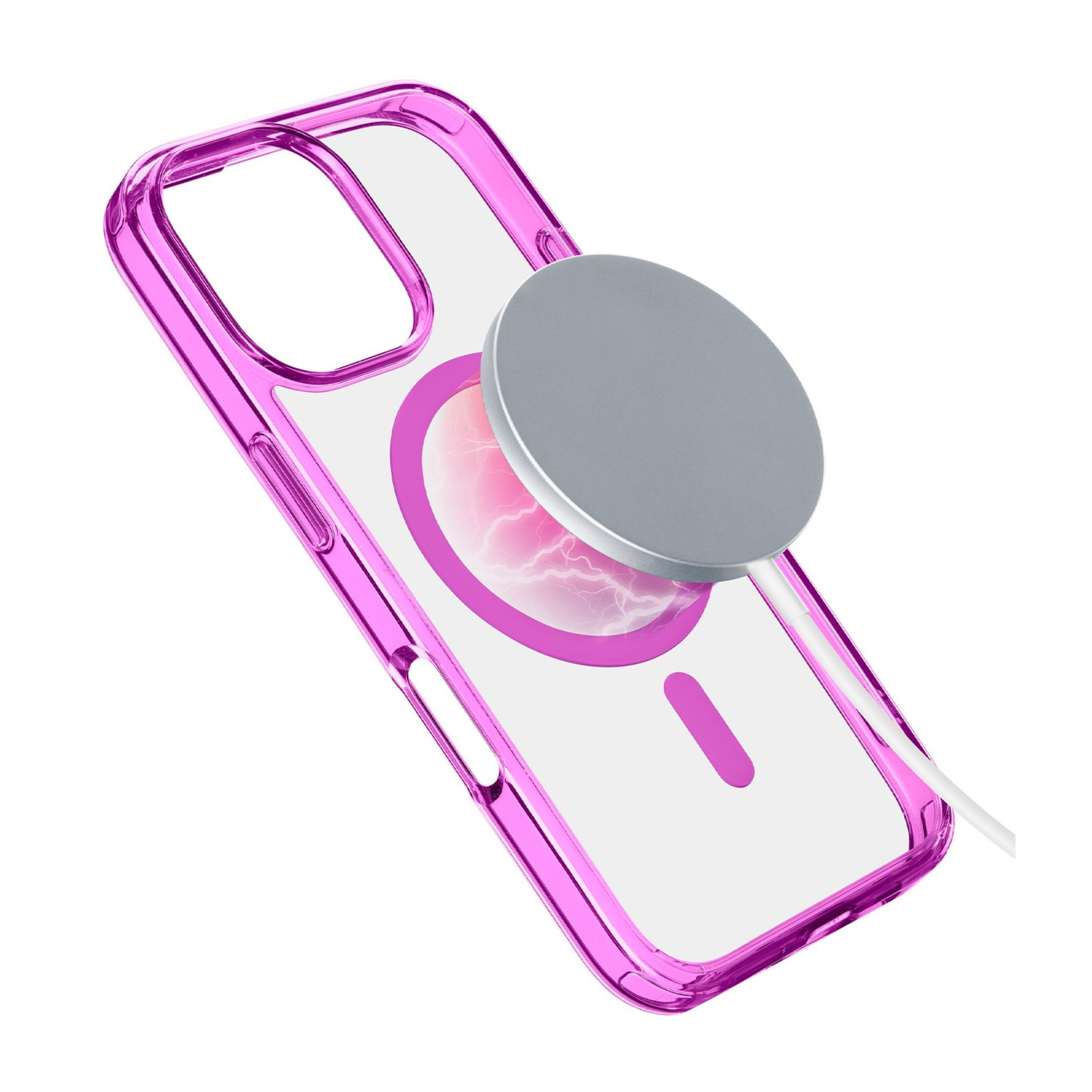 Funda transparente con borde rosa, con cargador magnético.