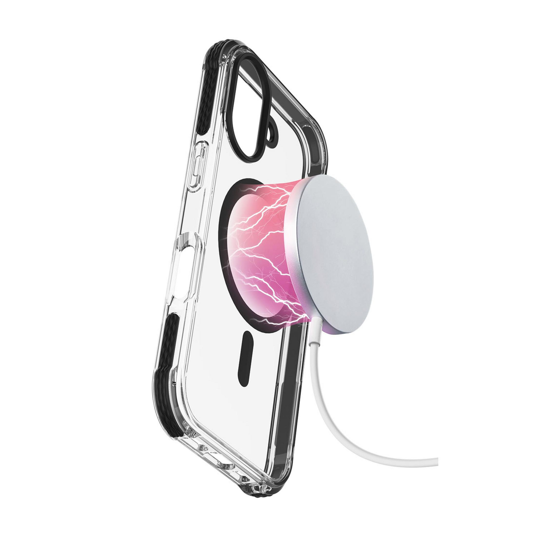 Una funda transparente para teléfono con cargador magnético y efectos de energía rosa.