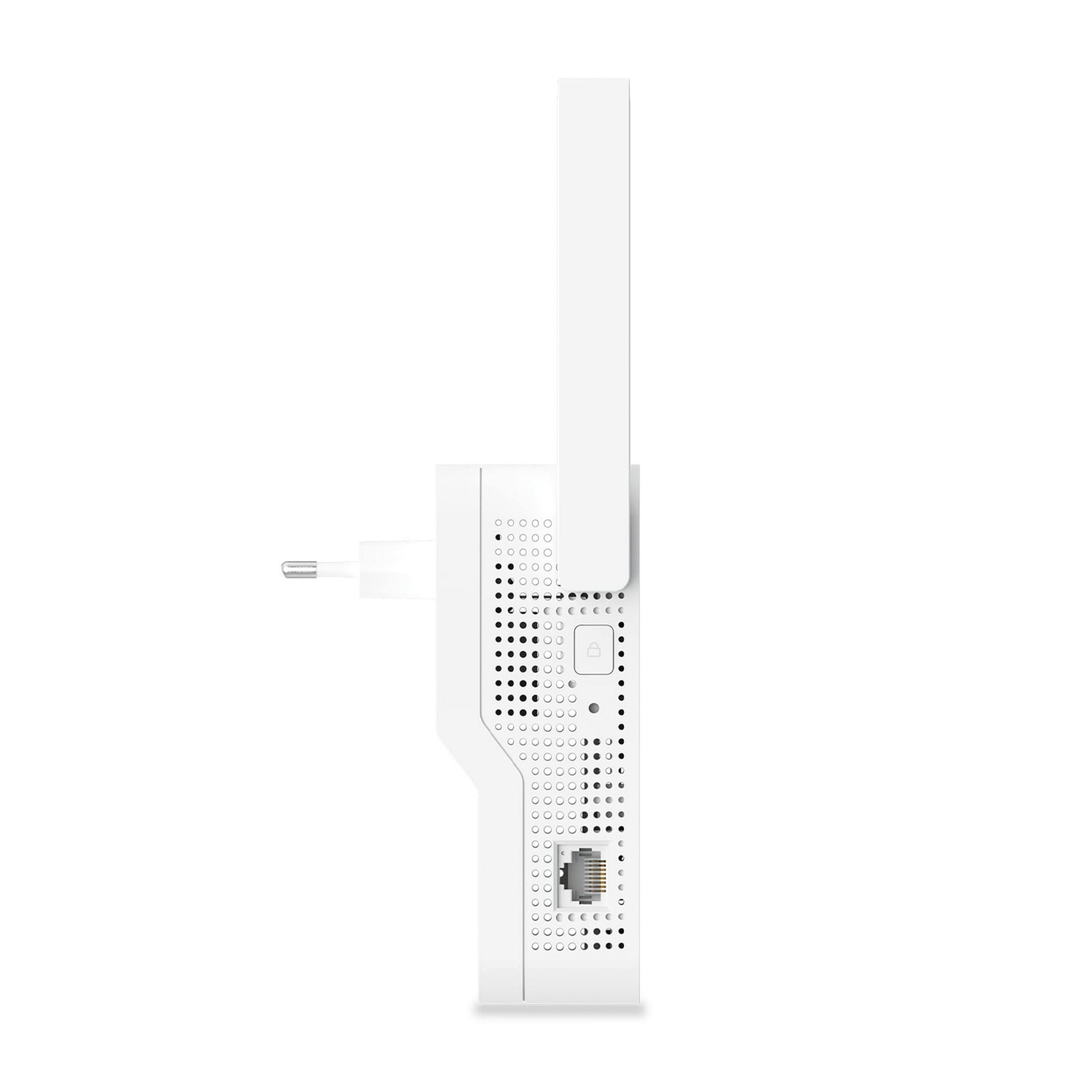 Un ripetitore Wi-Fi bianco con spina, antenna e porta Ethernet.