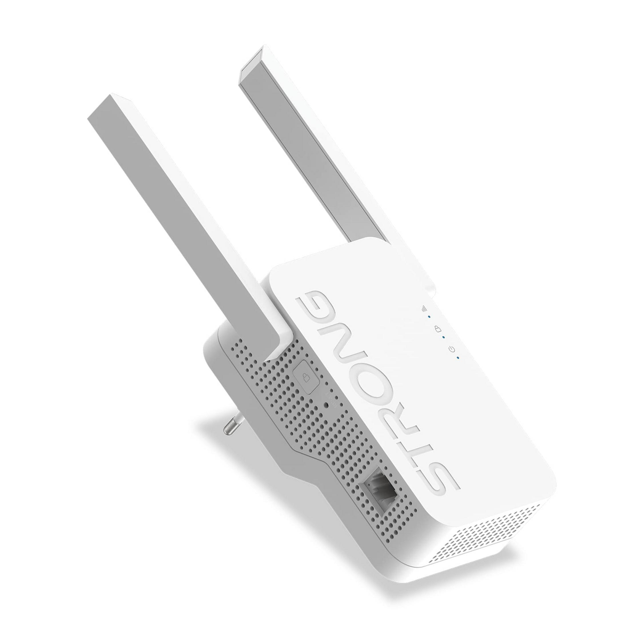 Un ripetitore Wi-Fi bianco con due antenne e una porta Ethernet.
