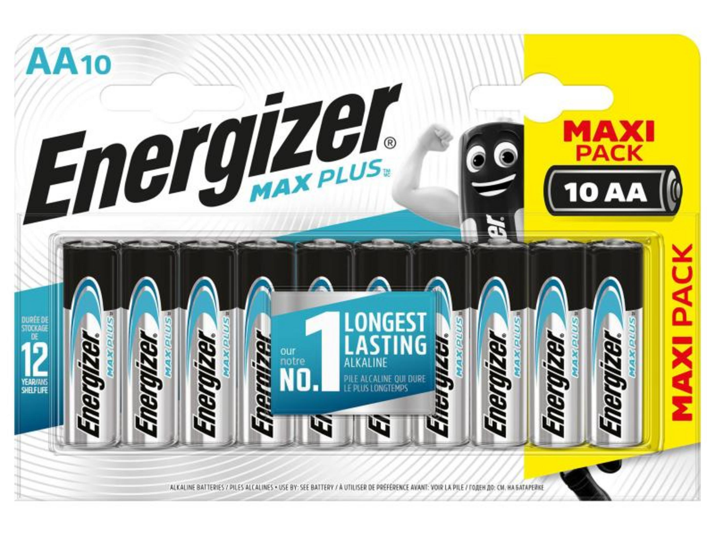 Confezione da 10 batterie AA Energizer Max Plus con personaggio dei cartoni animati.