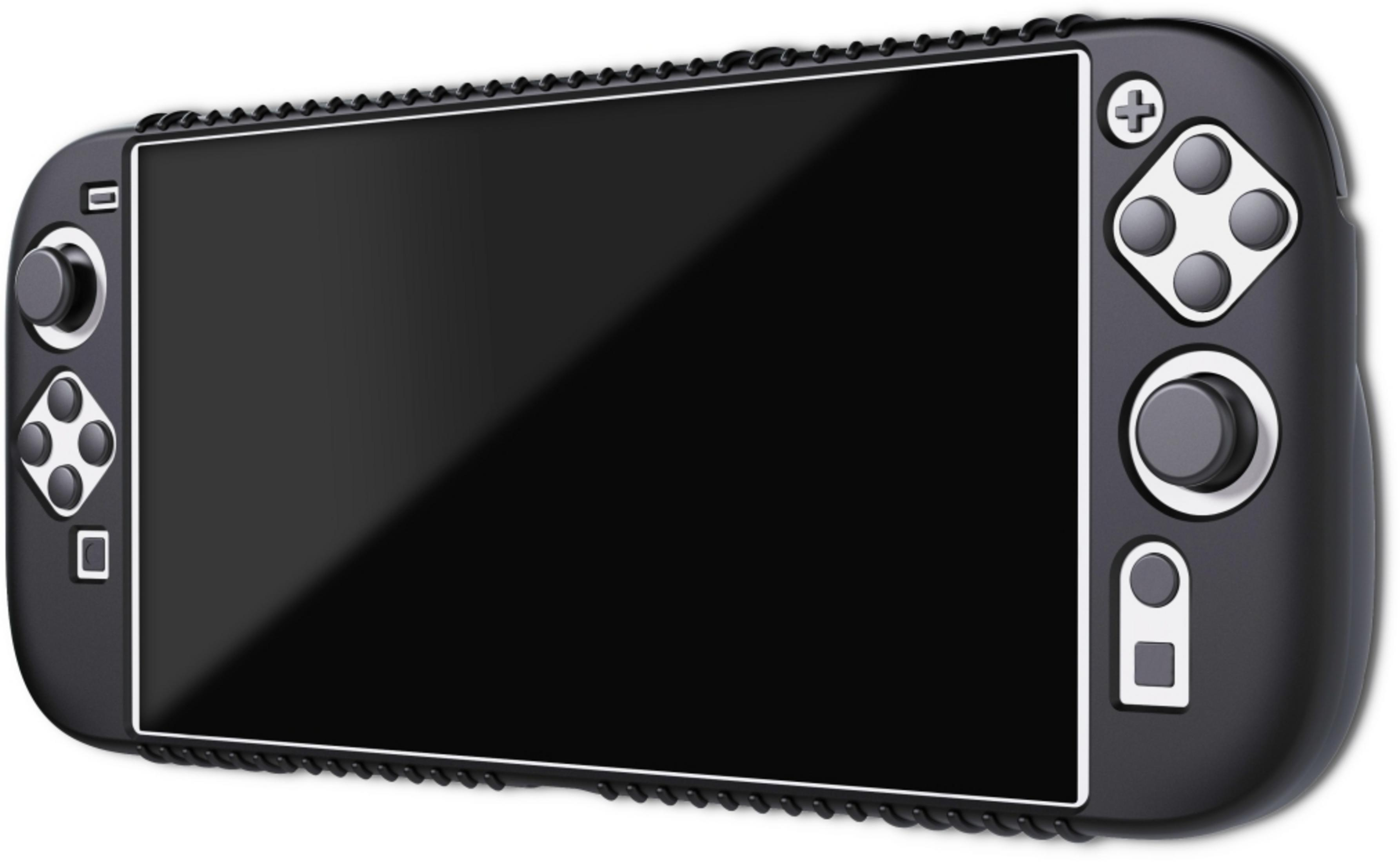 Un dispositivo da gioco portatile nero con schermo grande e pulsanti di controllo.