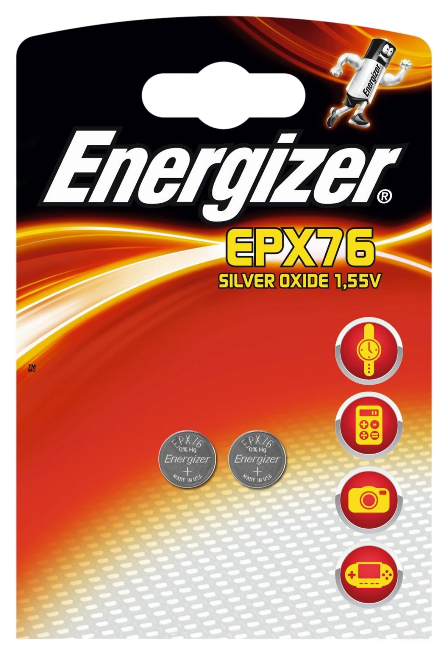 Energizer EPX76 Silberoxid-Batterien mit Symbolen für Uhr, Taschenrechner, Kamera, Spielekonsole.
