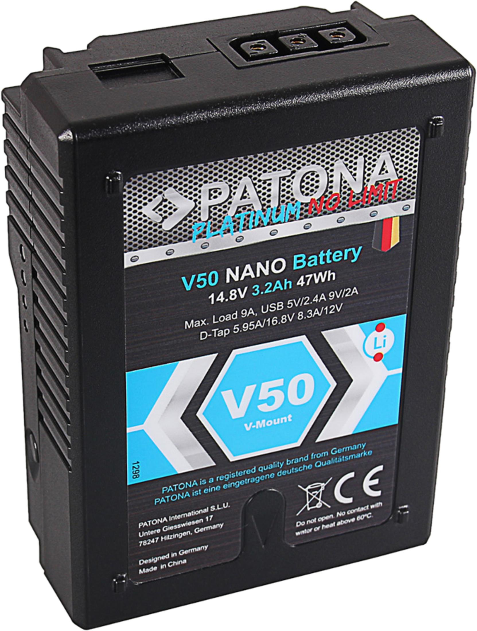 Batteria V50 NANO nera con etichetta argentata e accenti blu.
